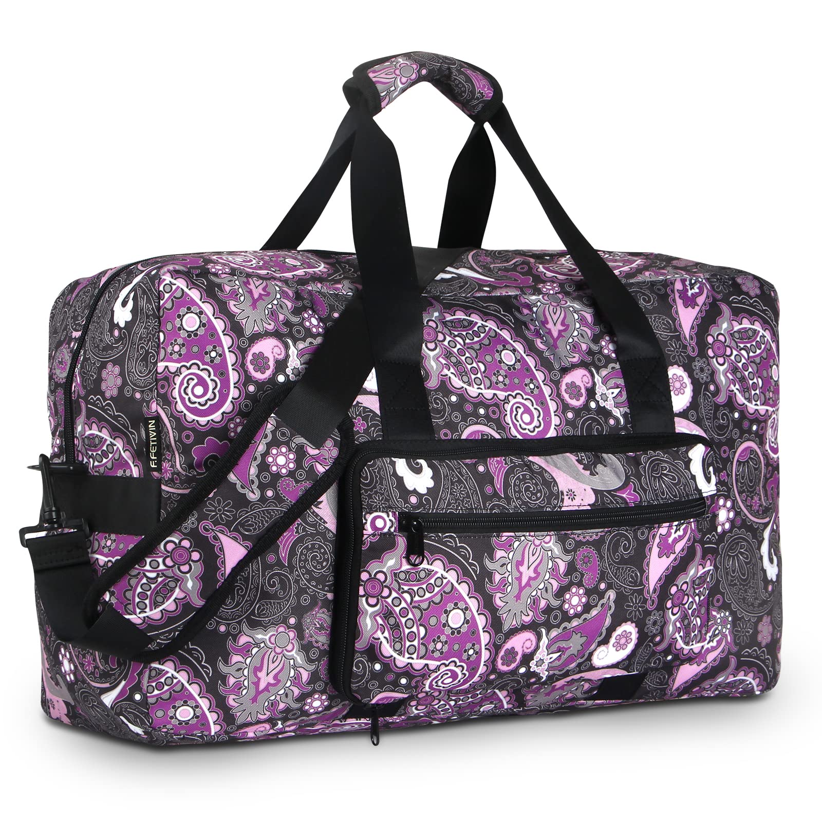 F.FETIVIN Women's Weekender Bag - Medium Carry On Travel Duffle Overnight Bag with Paisley Pattern (Purple) - Perfect for Weekend Getaways, Gym, Business Trips & Airplane Travel