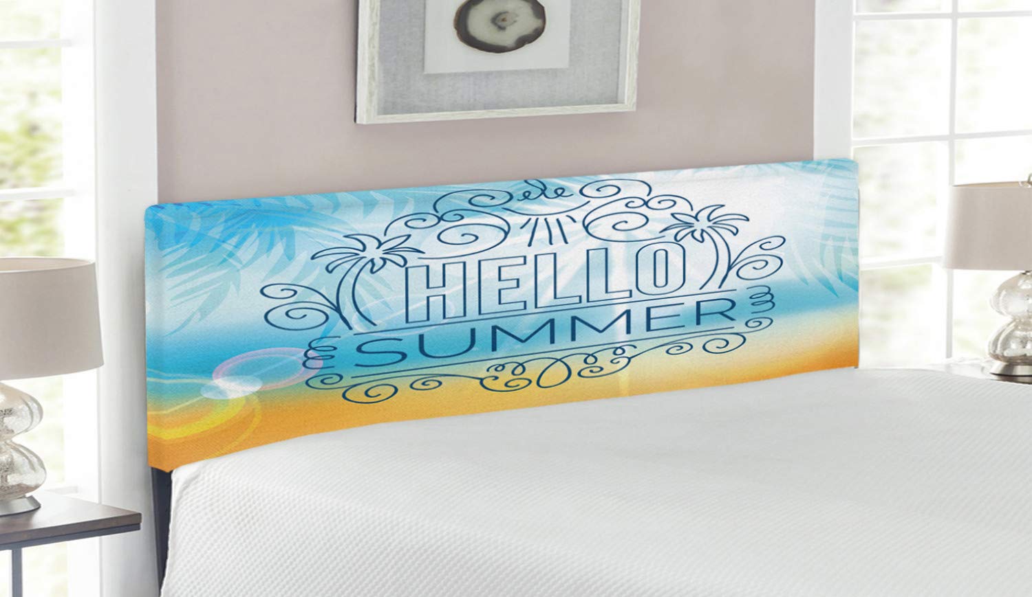 Ambesonne Queen Size Upholstered Beach Headboard - Abstract Palm Tree & Sunny Seashore Design with Memory Foam, Pale Blue & Marigold | Coastal Bedroom Decor for Relaxing Vacation Vibes