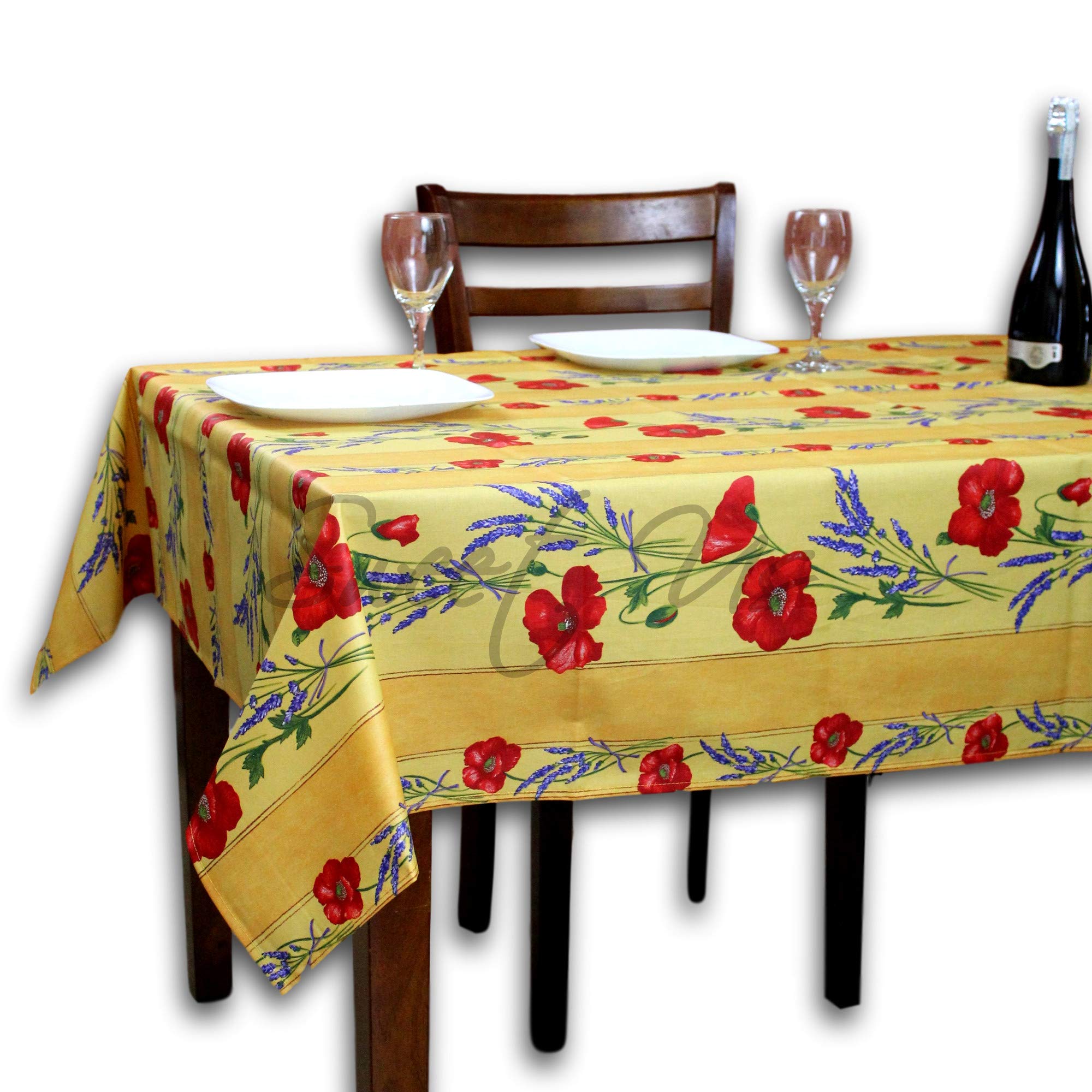 La Cigale Poppy Éclat Spill-Resistant Wipeable Tablecloth - Acrylic Coated Floral Cotton French Provencal Table Cover for Rectangle Tables (60x98 Inches, Yellow) - Perfect for Dining Room, Kitchen, Outdoor Picnics & French Country Decor