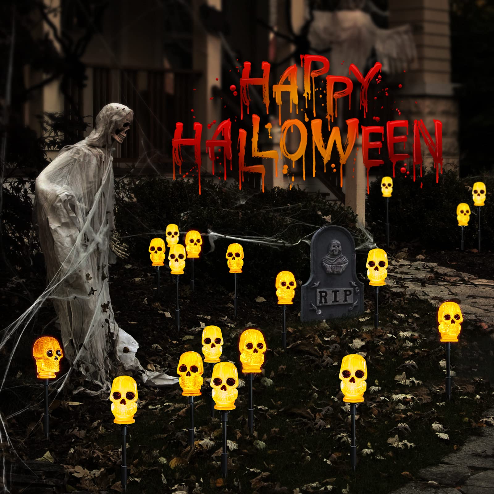 Upgraded 4 Pack 3D Skeleton Skull Halloween Pathway Lights with Timer - Waterproof Battery Operated Outdoor Decor for Garden, Patio, Yard - Perfect for Halloween Party, Trick or Treat, Spooky Home Décor