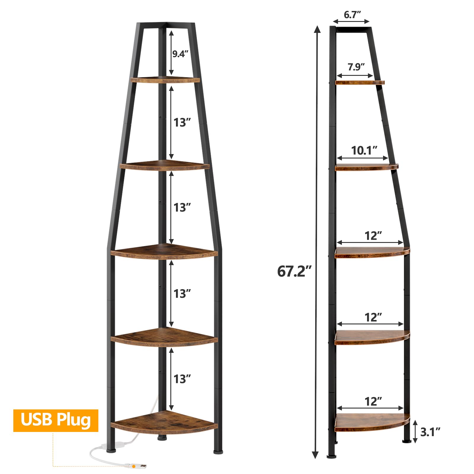 5-Tier LED Corner Shelf - Rustic Brown Metal Storage Rack for Bedroom & Living Room