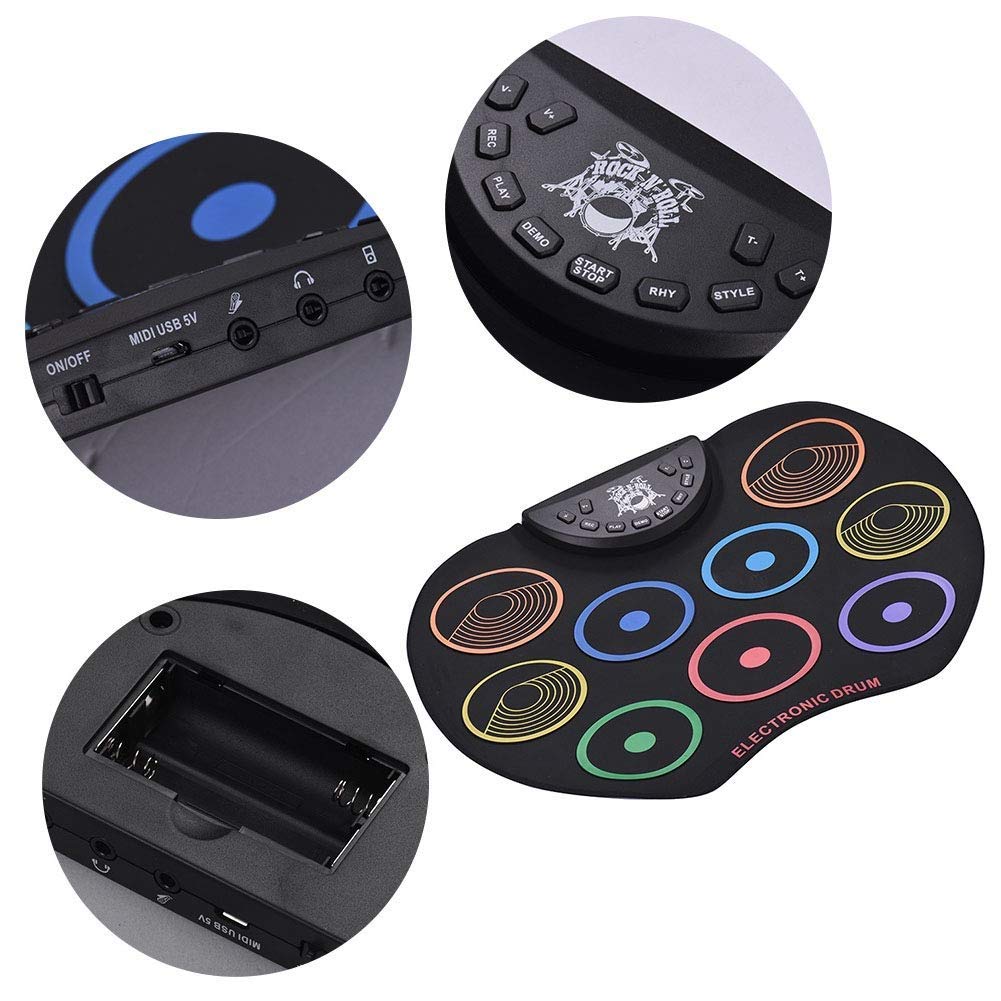 Electronic Roll Up Drum Kit with 9 Drum Pads, Foot Pedal & Drumsticks - Portable Tabletop Electric Drum Set for Practice & Performance | Perfect for Home, Studio & Live Gigs