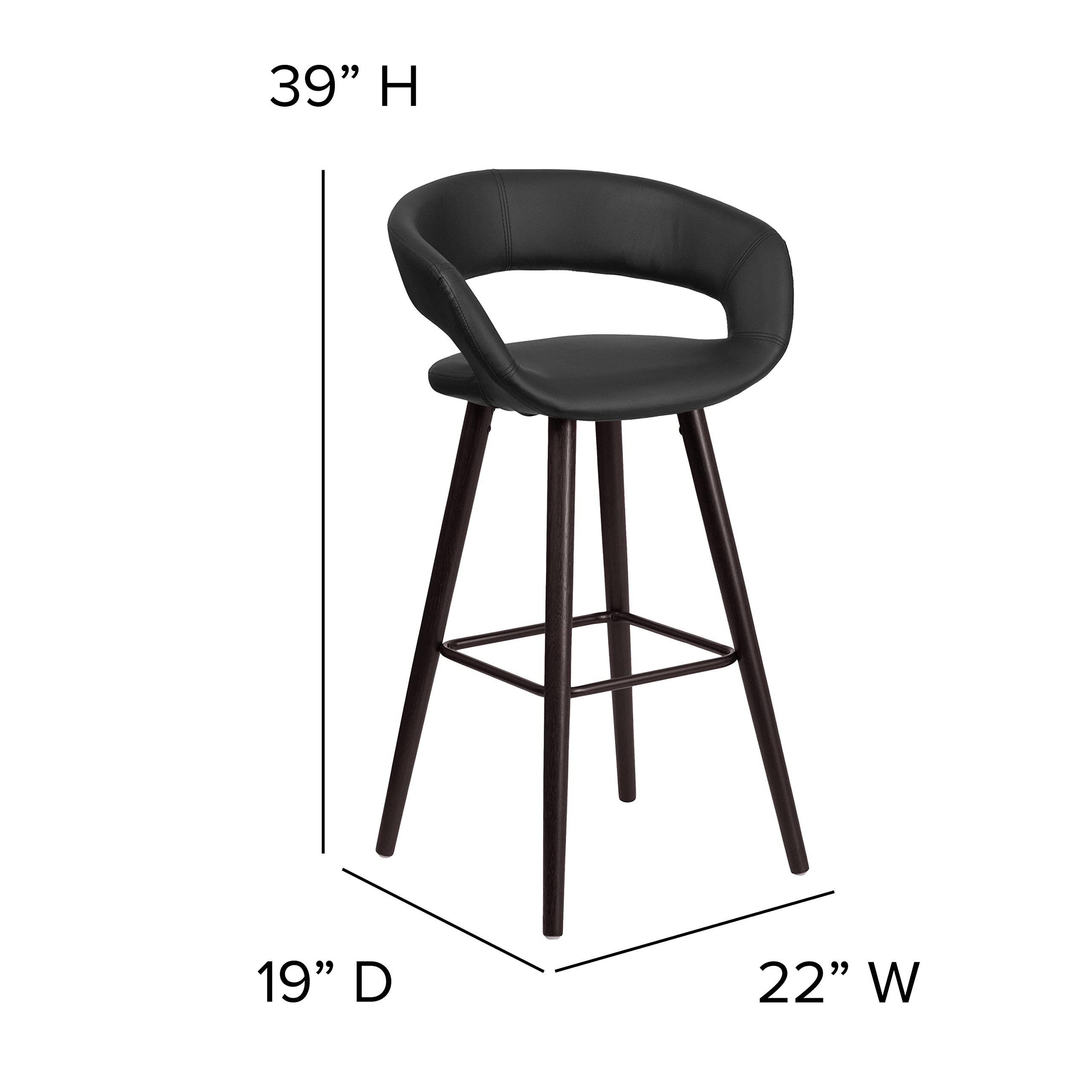 EMMA + OLIVER 29 Inch H Cappuccino Wood Rounded Open Back Bar Stool with Black Vinyl Upholstery - Perfect for Kitchen Islands, Breakfast Bars & Home Decor