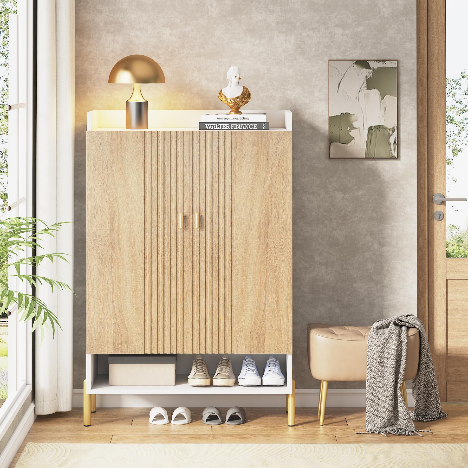Tribesigns 6-Tier Shoe Storage Cabinet - Adjustable Shelves Freestanding Wooden Shoe Organizer with Doors for Entryway, Hallway, Living Room (White & Wood) - Perfect for Small Spaces, Apartment Entry Storage & Closet Organization