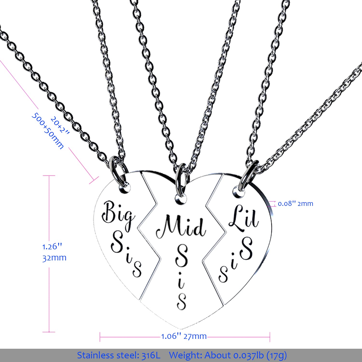 RedRain 3-Piece Women's Family Jewelry Set - Stainless Steel Mother Daughter Pendant Necklace for Mom, Big Sister, Middle Sister & Little Sister | Gift for Birthday, Anniversary & Family Reunion | Elegant Matching Jewelry for Special Occasions