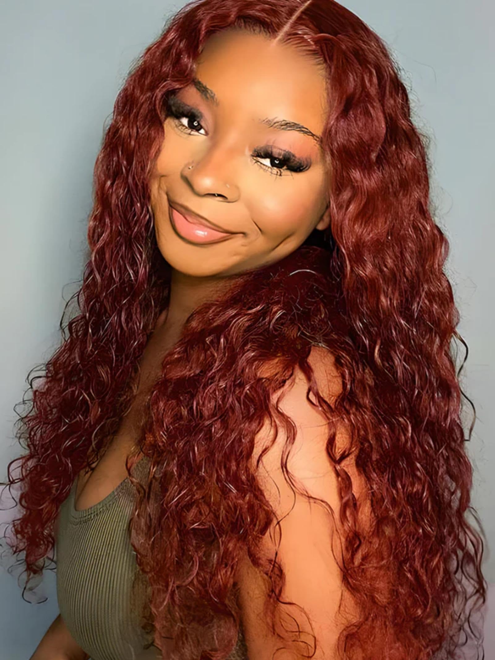 ISEE Burgundy Lace Front Wigs Human Hair - 6x4 HD Water Wave Pre Plucked Glueless Wig 180% Density 24 Inch (10A Reddish Brown) | Natural Looking Wear & Go Frontal Wig for Daily Use, Parties & Special Occasions