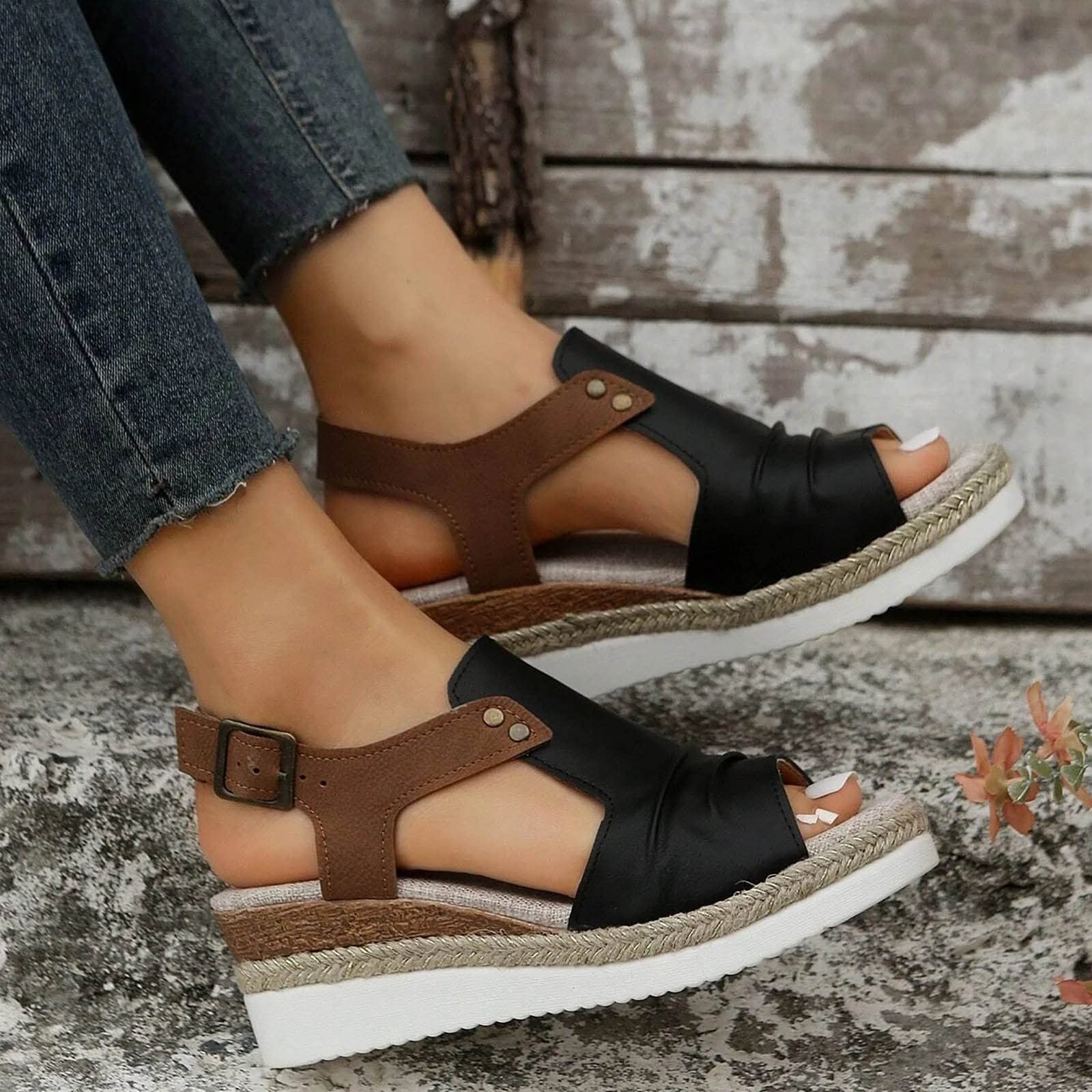 EMRELOD Women's Comfortable Orthopedic Wedge Sandals - Platform Espadrille with Ankle Strap, Low Heel Fashion Beach Shoes (Black, Size 7) | Perfect for Summer Outfits, Casual Wear & Vacation