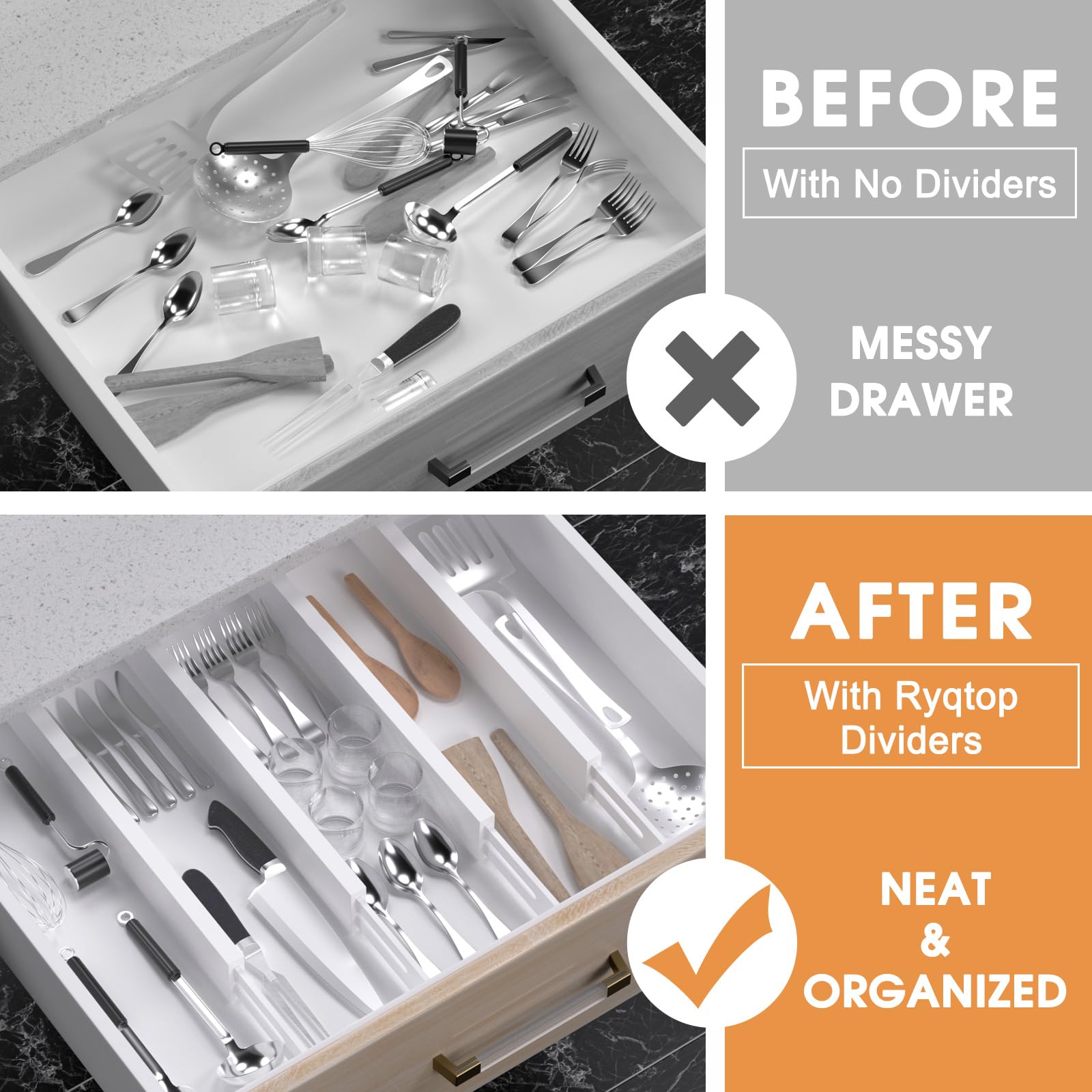 Bamboo Drawer Dividers Organizers 4-Pack - Adjustable Kitchen Drawer Organizer for Clothes, Dresser, Bedroom & Office - White 12-17 Inch | Perfect for Home Organization, Kitchen Utensils & Wardrobe Storage