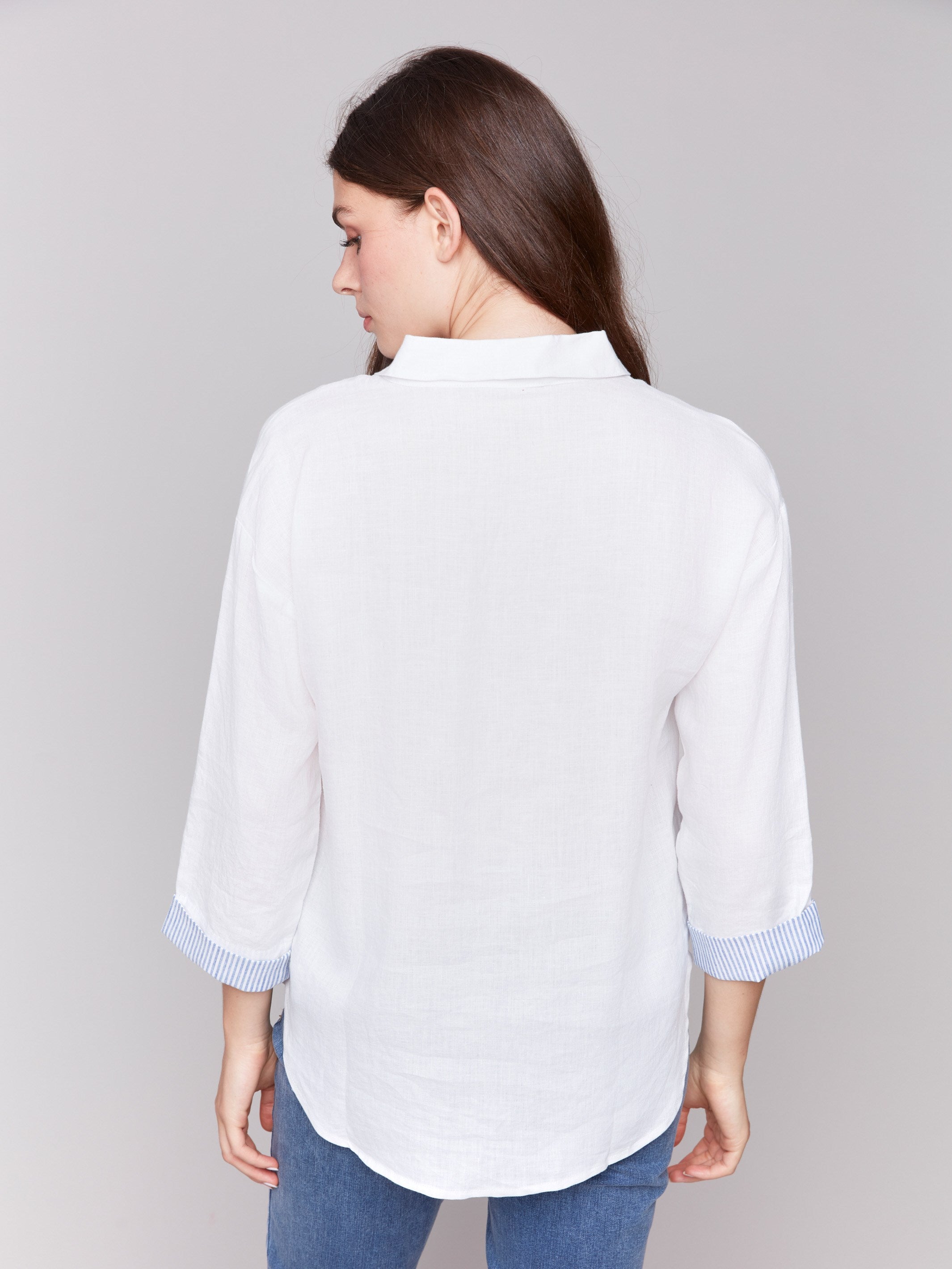 Linen Blend Drop Shoulder Shirt with Striped Cuffs - White | Casual Loose Fit Tunic Top for Women | Perfect for Summer Outfits, Beach Wear & Boho Style