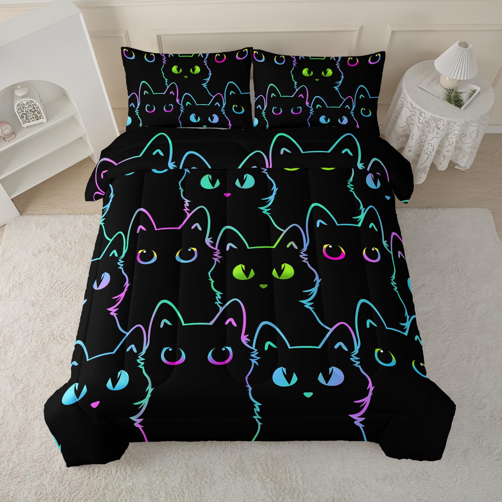 Cute Cartoon Cat 3-Piece Comforter Set Queen Size - Soft Warm Lightweight Fluffy Down Alternative Bedding for Kids (1 Comforter + 2 Pillow Cases) - Perfect for Girls' Rooms, Teen Bedrooms & Cozy Sleepovers