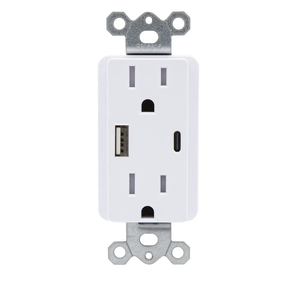 Maxxima 15A Tamper-Resistant USB Wall Outlet with 4.8A Fast Charging - 2 Standard Outlets + 1 USB-C & 1 USB-A Ports for iPhone, Android, Tablets - Perfect for Bedrooms, Kitchens & Home Offices