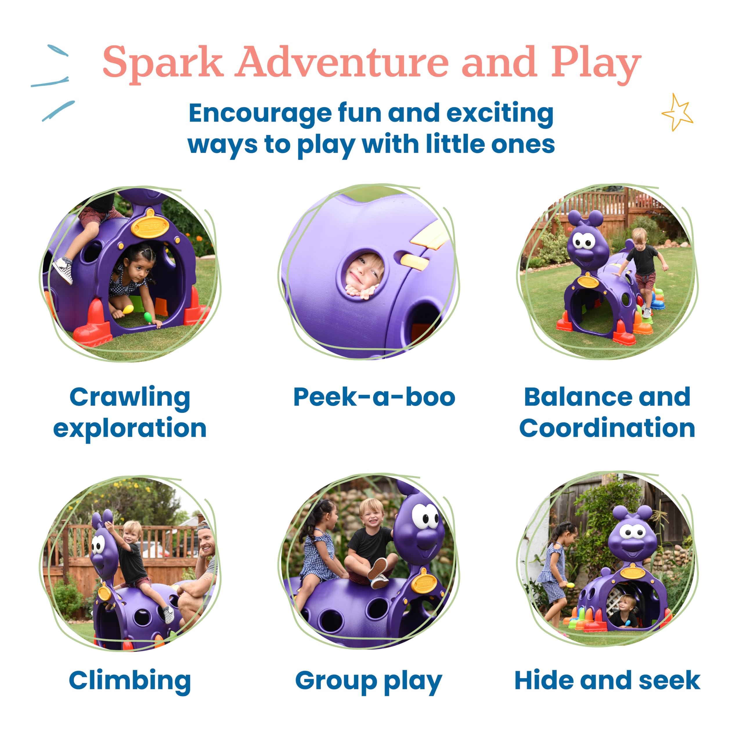 ECR4Kids ELR-12511 Purple Peek-A-Boo Caterpillar Climbing Play Structure for Toddlers & Kids - Indoor/Outdoor Play Equipment for Backyard, Daycare & Preschool - Encourages Active Play & Motor Skills Development