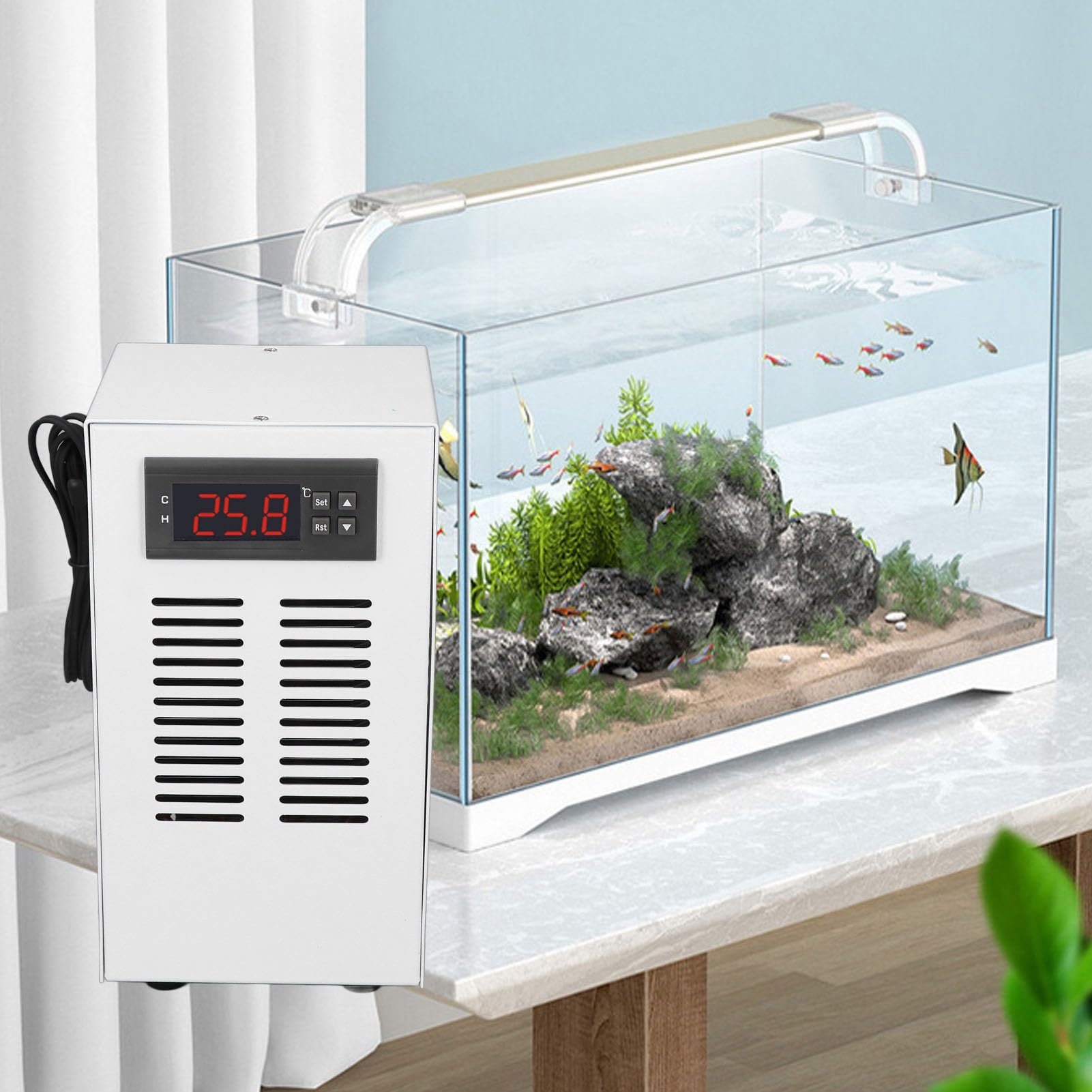 **Aquarium Water Chiller – Fast Cooling & Quiet Operation for 20L Fish Tanks – Maintains Optimal Temperature with Hose & Pump (US Plug) – Ideal for Home & Office Aquariums**