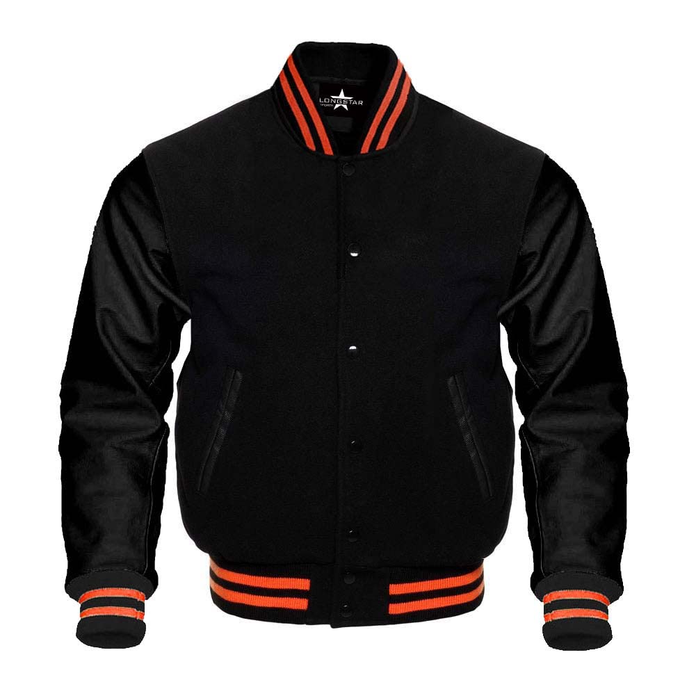 Authentic Varsity Baseball Letterman Jacket - Genuine Leather Sleeves & Wool Body (Black/Orange Stripes) for High School Sports, Team Uniforms & Casual Wear