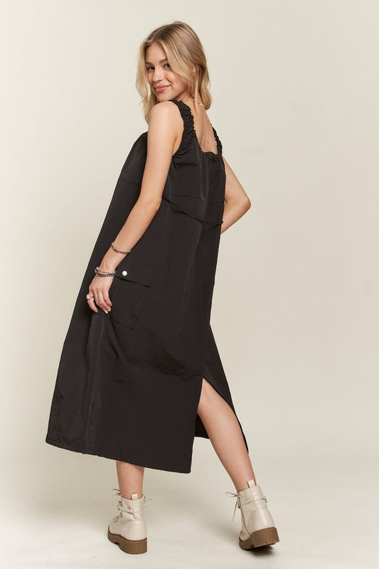 Drawstring Slit Back Cargo Midi Dress for Women - Stylish Casual & Streetwear Outfits | Perfect for Summer, Travel, and Everyday Wear