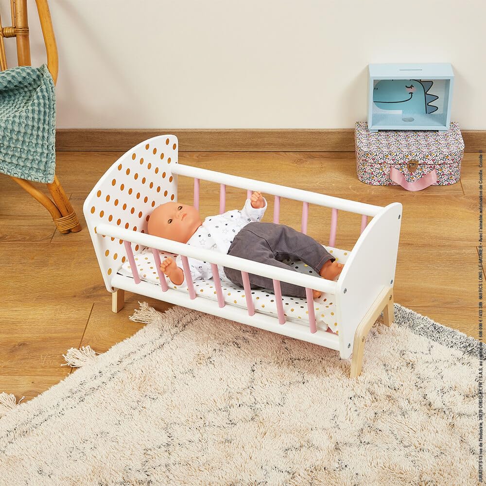 Janod Candy Chic Doll's Bed - Wooden Baby Doll Cradle for Toddlers Age 3+ | J05889 | Pretend Play, Nursery Decor & Gift for Little Girls