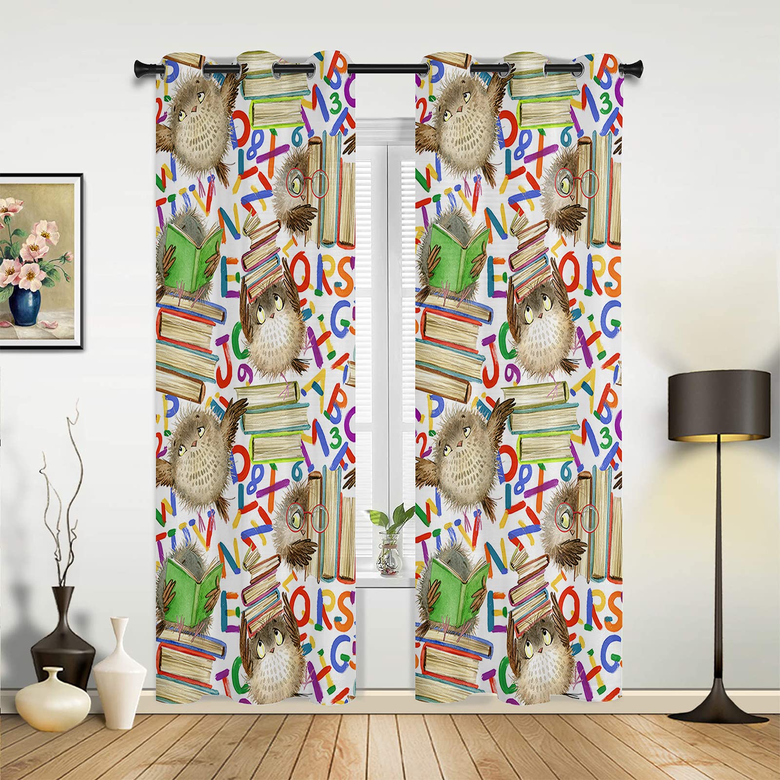 96 Inch Kitchen Curtains with Cartoon Owl Books Design - Grommet Top Cafe Curtains Set of 2 Panels for Window Treatment in Kitchen, Bathroom & Bedroom - Vintage Illustration Style for Cozy Home Decor