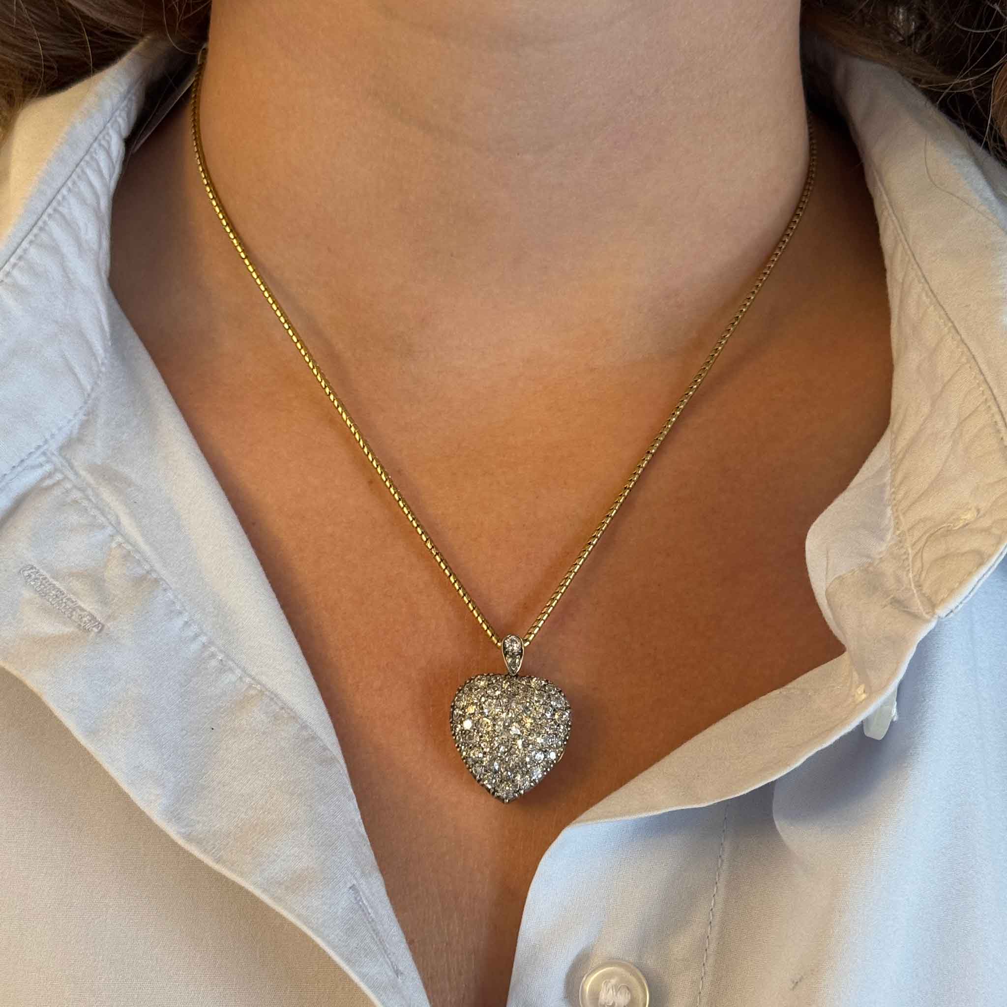 Victorian 4 Carat Total Weight (4ctw) Old Mine Cut Diamond Pavé Heart Pendant Necklace - 14K Gold Romantic Gift for Anniversary, Valentine's Day & Special Occasions