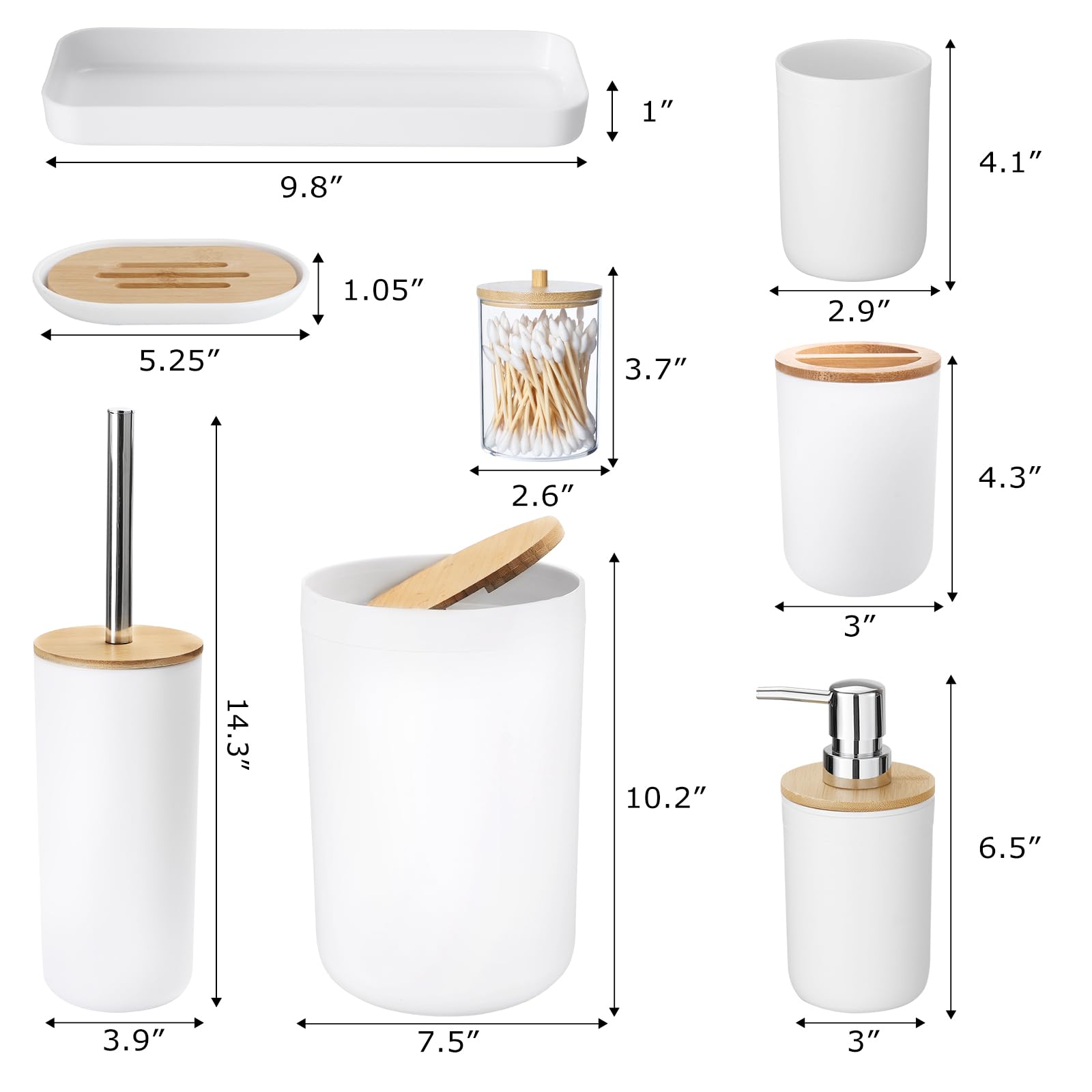 SLDIYWOW 9-Piece White Bathroom Accessories Set - Includes Trash Can, Vanity Tray, Soap Dispenser, Soap Dish, Toothbrush Holder, Cup, Toilet Brush & Q-Tip Holders | Modern Bathroom Organization for Home & Guest Bathrooms