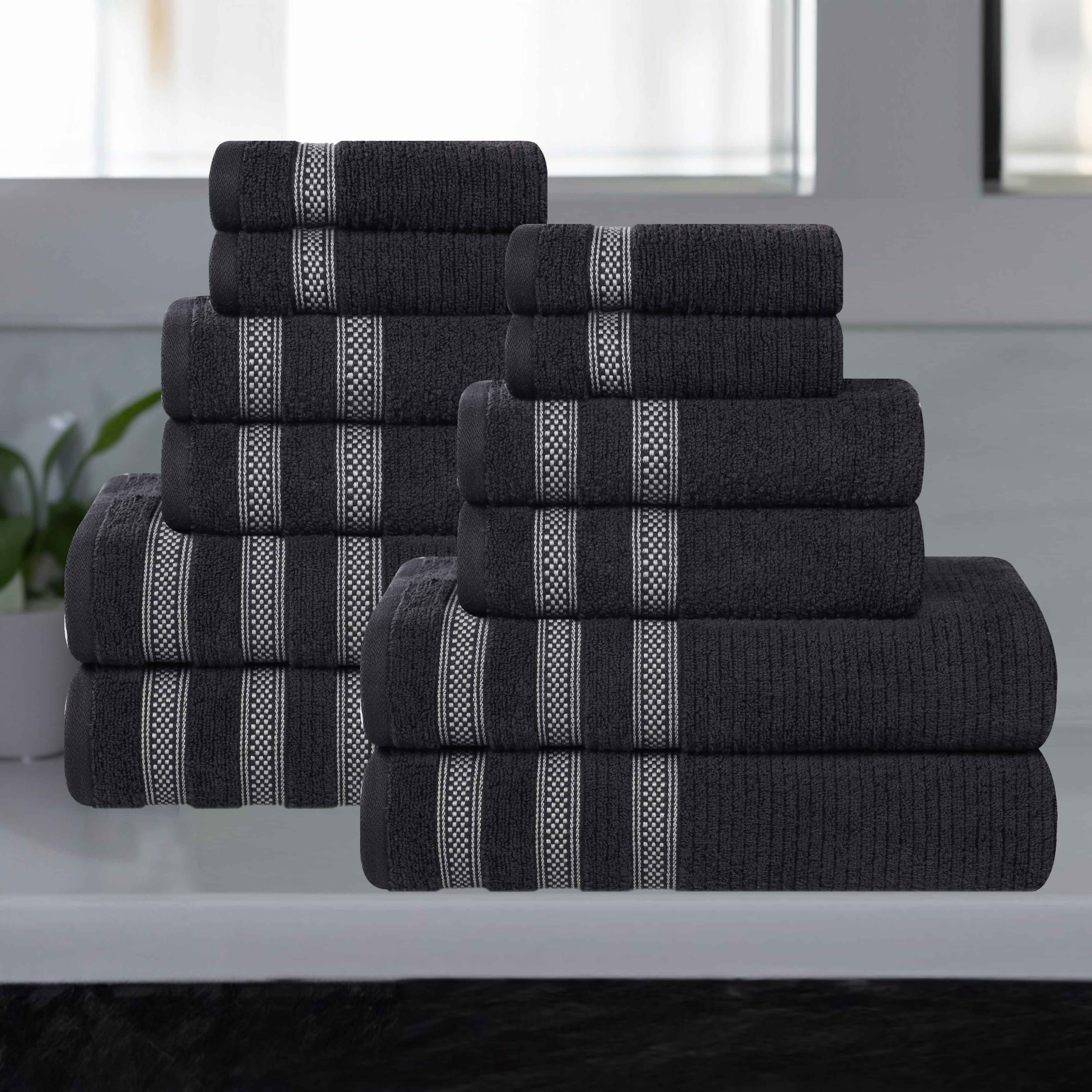 12-Piece Zero Twist Cotton Ribbed Geometric Border Plush Towel Set | Ultra Soft & Absorbent Bath, Beach & Gym Towels for Home & Travel