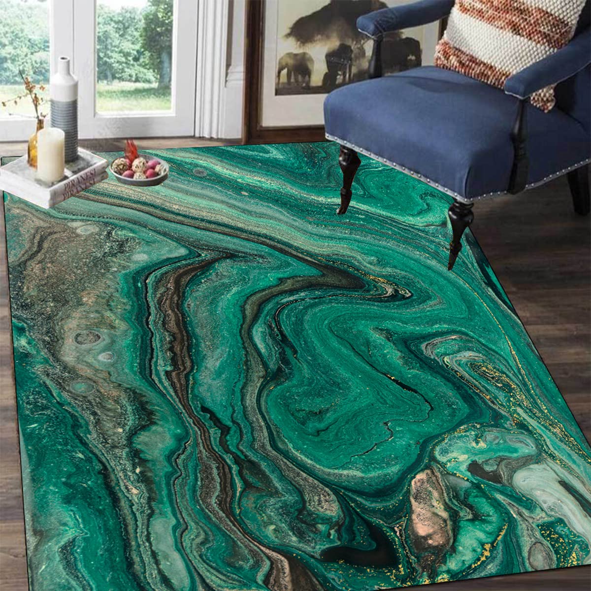 Black Green Gold Marble Swirl Modern Abstract Area Rug - Washable Soft Carpet for Living Room, Bedroom, Dining Table & Office - 6x8 Retro Accent Floor Rug Runner - Perfect for Home Decor, Art Deco Spaces & High Traffic Areas