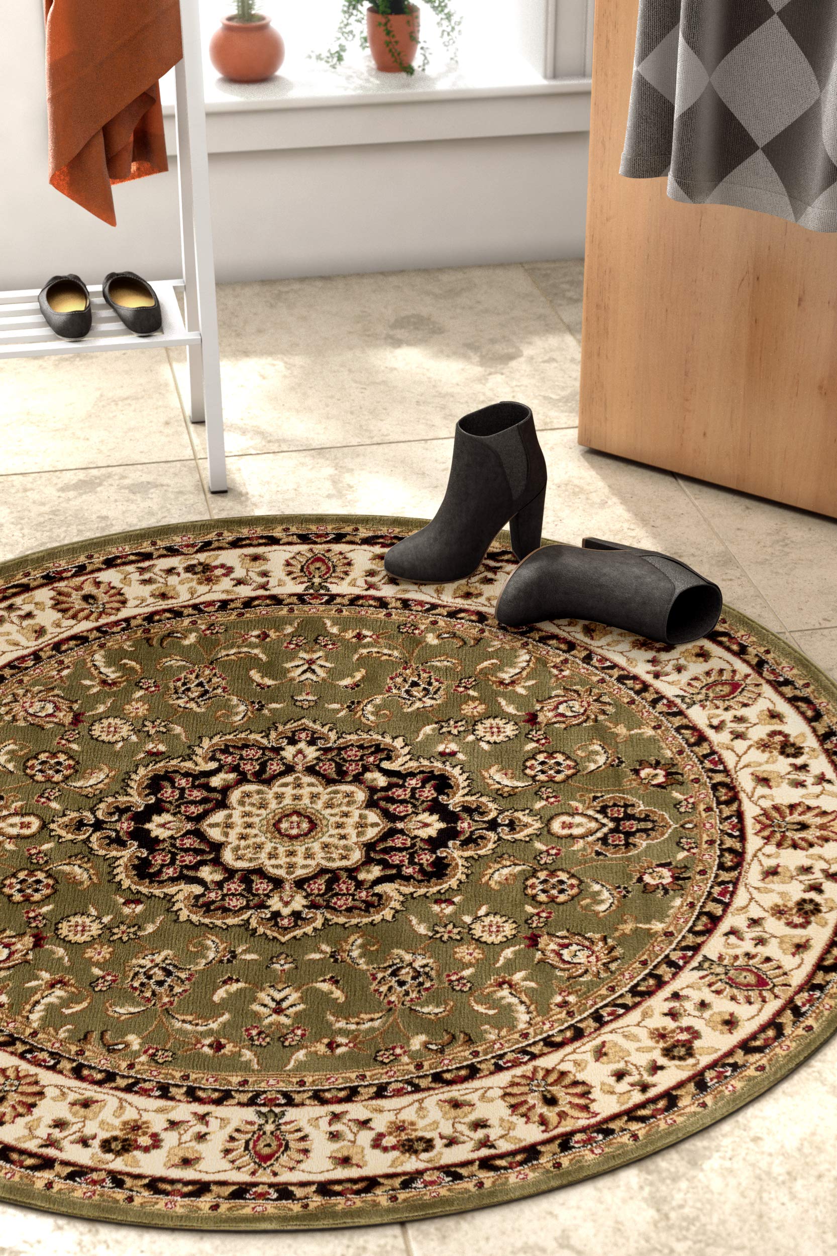 Well Woven Barclay Collection Medallion Kashan Green 8 ft Round Area Rug - Soft Non-Slip Living Room, Bedroom & Dining Room Carpet for Home Decor