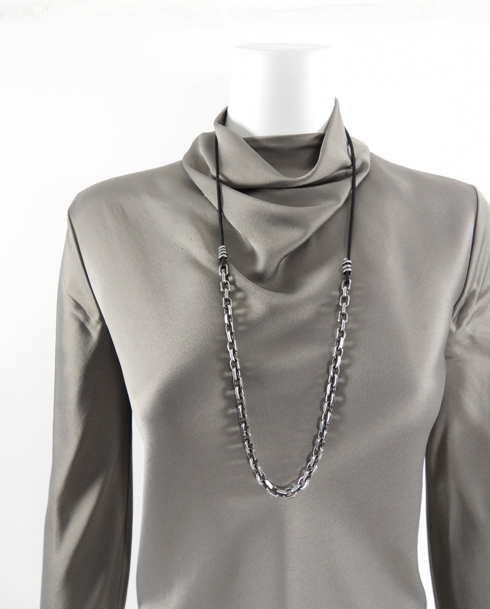Bottega Veneta Sterling Silver Chain Necklace with Leather Cord - Elegant Layering Necklace for Women, Perfect for Everyday Wear & Special Occasions