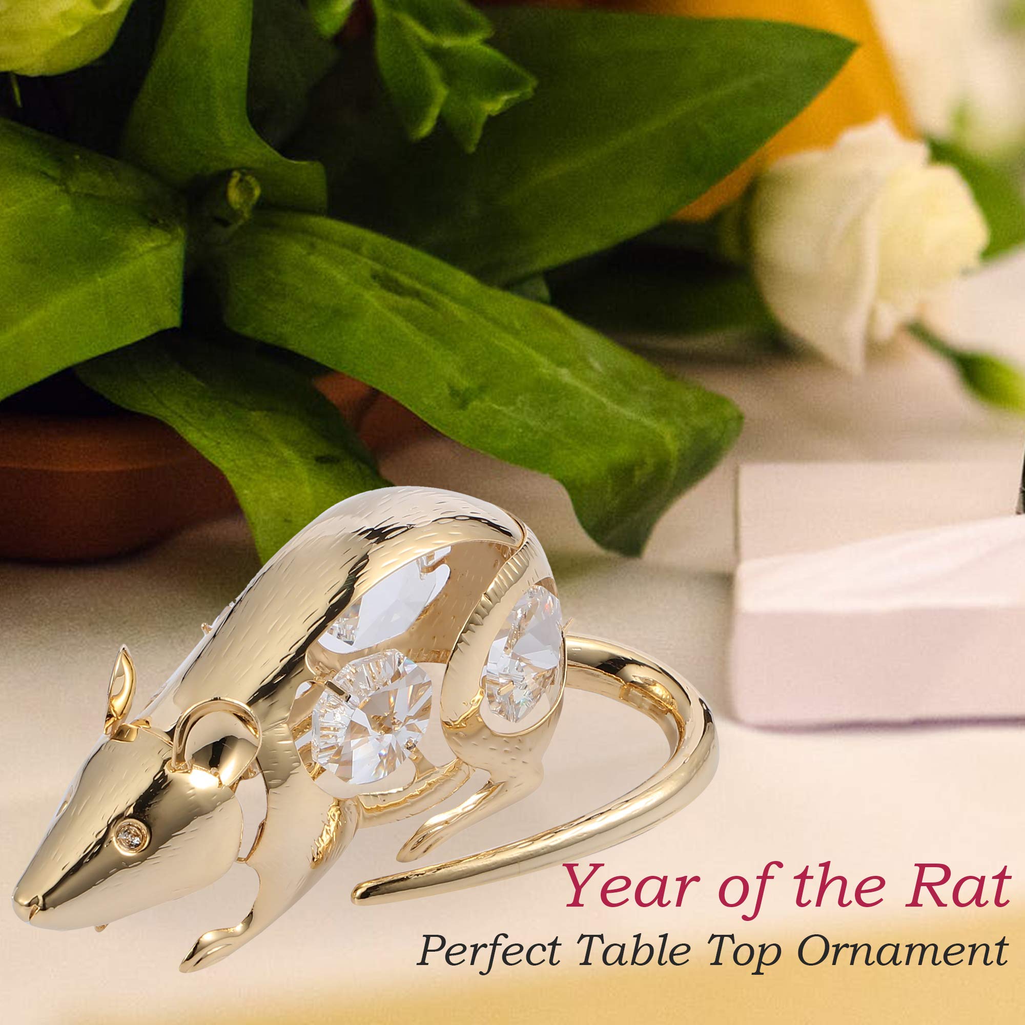 24K Gold Plated Crystal Studded Rat Ornament - Elegant Tabletop Decor for Year of The Rat - Perfect Gift for Women, Mom, Daughter, Sister (Mother's Day, Birthday, Christmas, Anniversary) - Ideal for Home Decor, Office Display, and Special Occasion Centerpiece