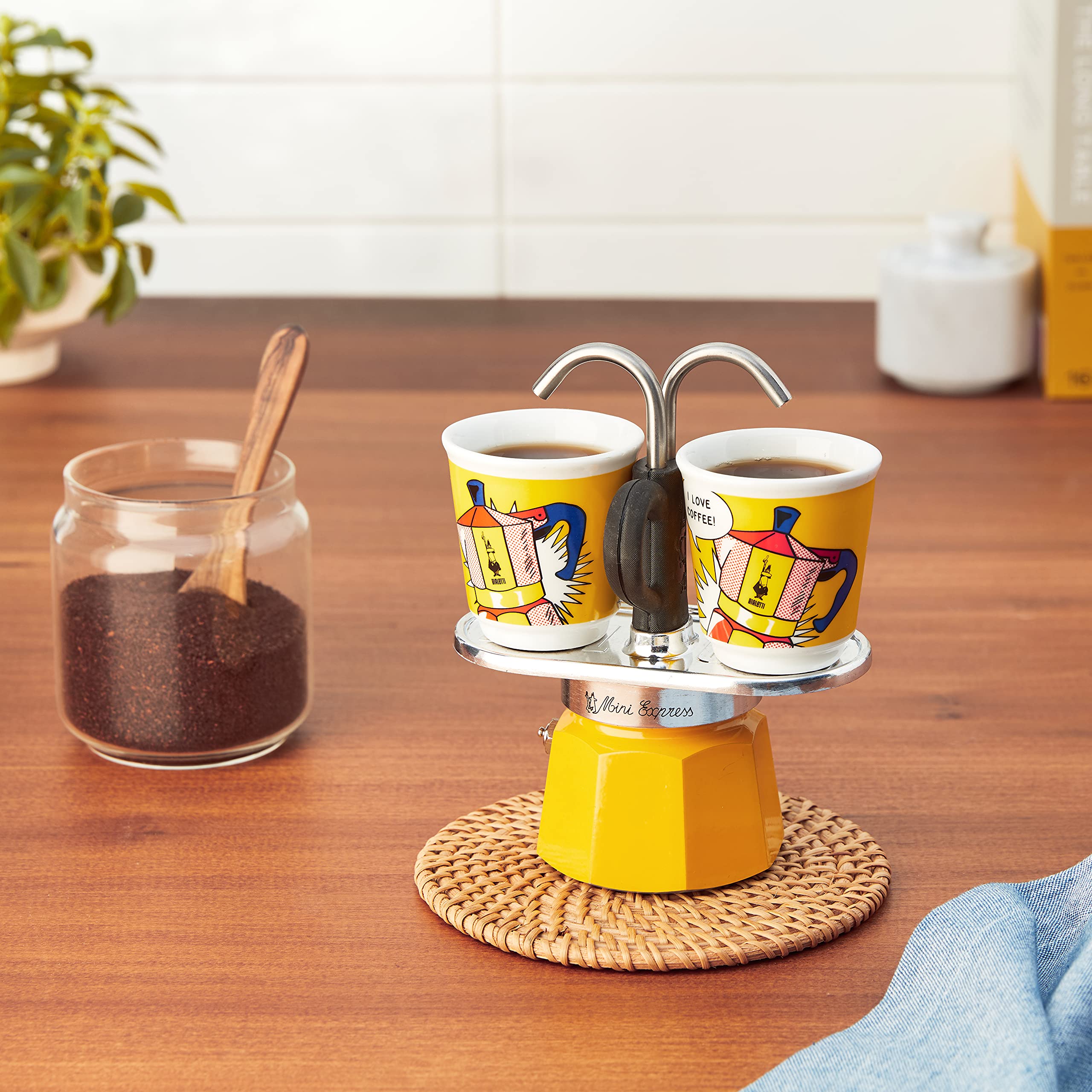 Bialetti Mini Express Moka Pot 2-Cup (2.8 Oz) Aluminum Stovetop Espresso Maker with 2 Shot Glasses - Yellow - Perfect for Home, Office & Camping Coffee Brewing