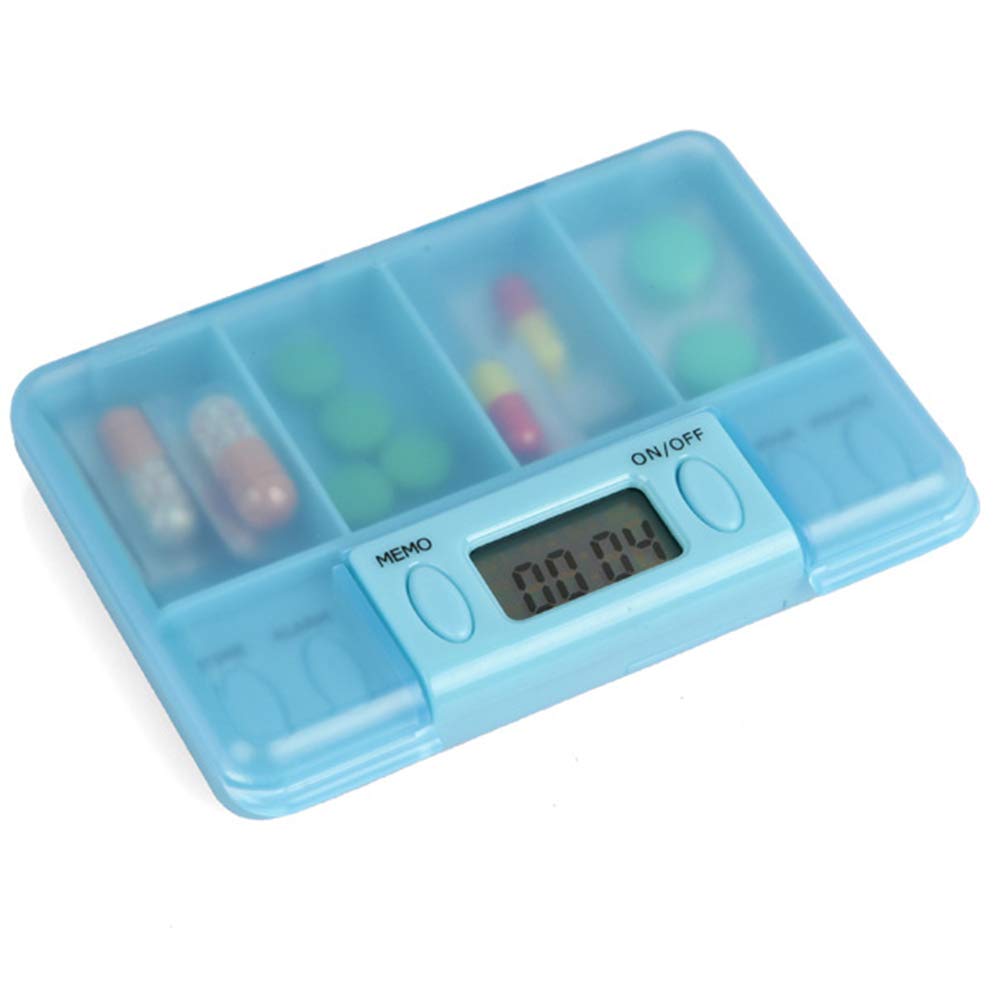 Multi-Alarm Timer Portable Pill Organizer - 4 Compartment LCD Digital Medication Case (Blue) | Daily Pill Reminder for Travel, Work & Home Use