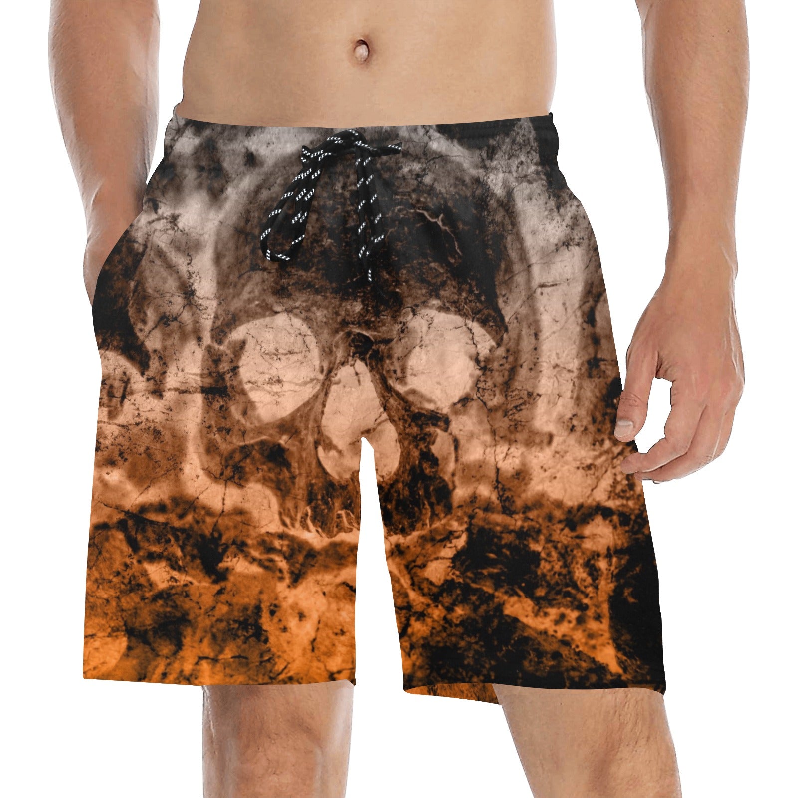 Bronze Smokey Skull Print Beach Shorts for Men - Trendy Summer Swim Trunks with Skull Design, Perfect for Beach Parties, Poolside Lounging & Vacation Wear