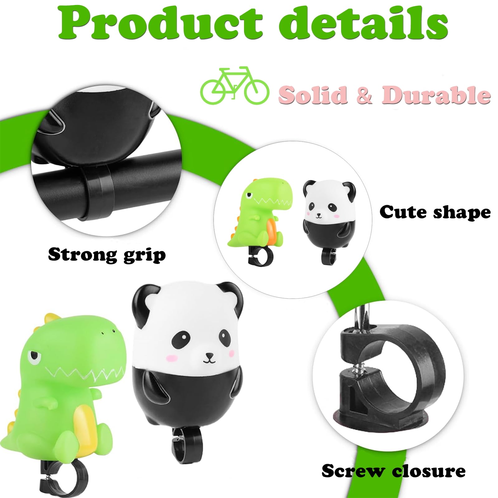 2 Pack Kids Bike Horn - Dinosaur & Panda Push Scooter Horn, Cartoon Bicycle Accessories for Boys & Girls - Fun Sound for Balance Bikes, Tricycles & Playtime