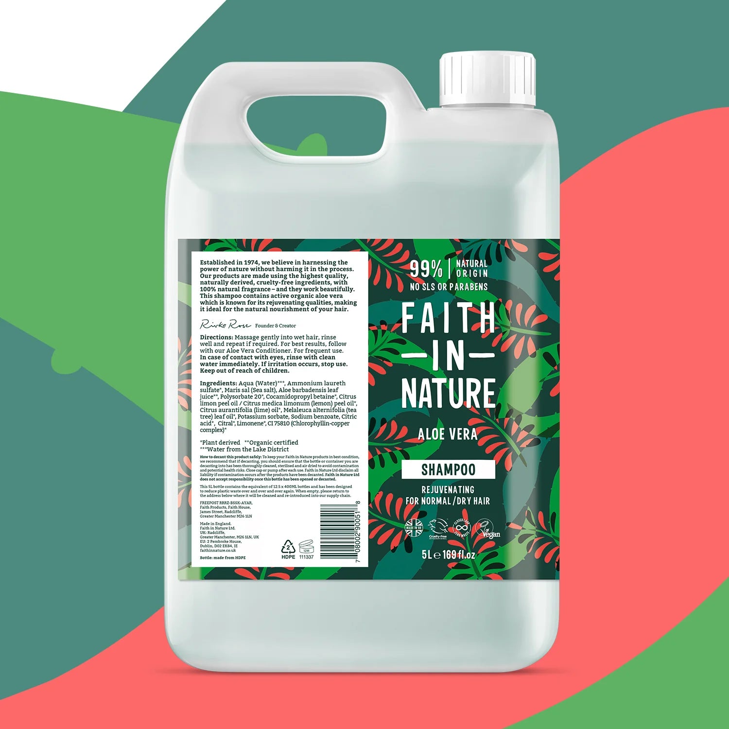 Faith In Nature Aloe Vera Shampoo Refill 5L - Sulfate Free & Vegan Hair Care for Dry Scalp - Perfect for Salons, Spas & Eco-Conscious Homes