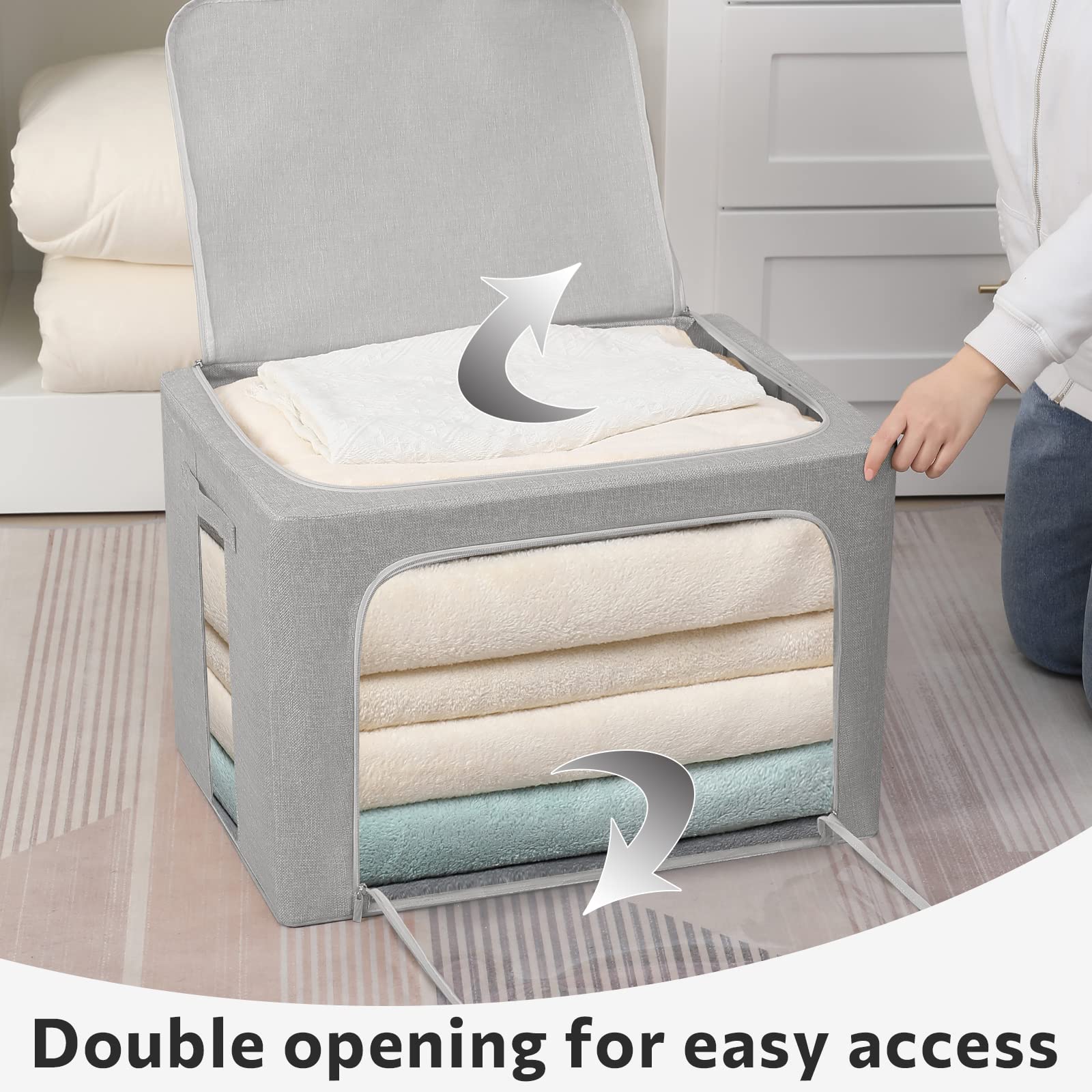 2 Pack Stackable Metal Frame Clothes Storage Bins - Large Capacity Foldable Linen Fabric Organizer Box with Carrying Handles & Clear Window (Light Gray, 19.7x15.7x12.6 Inch) - Perfect for Closet, Bedroom, Nursery & Office Organization