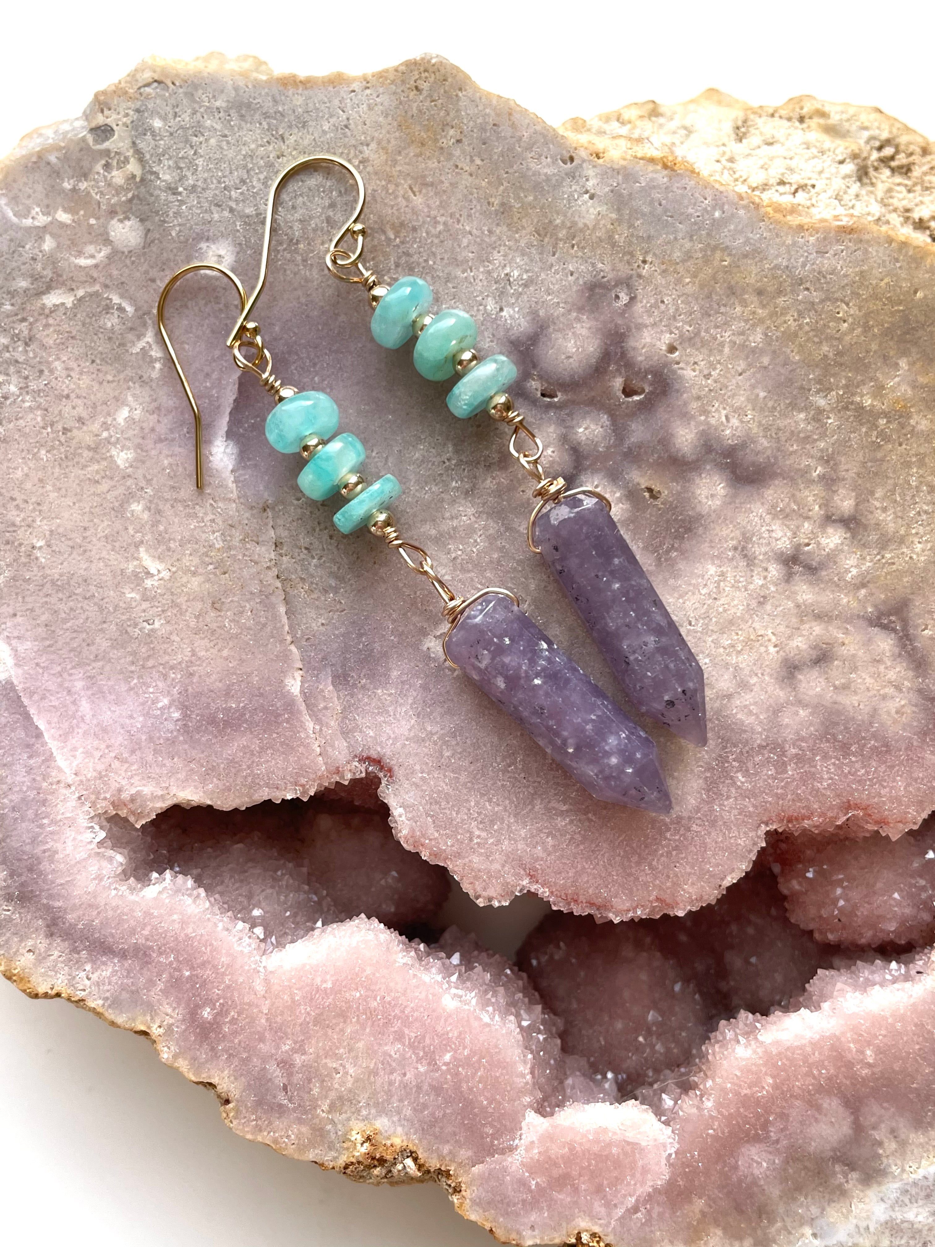 Amazonite & Lepidolite Crystal Earrings - Gold Filled Dainty Stud Earrings for Women | Healing Jewelry, Spiritual Gifts, Boho Fashion Accessories
