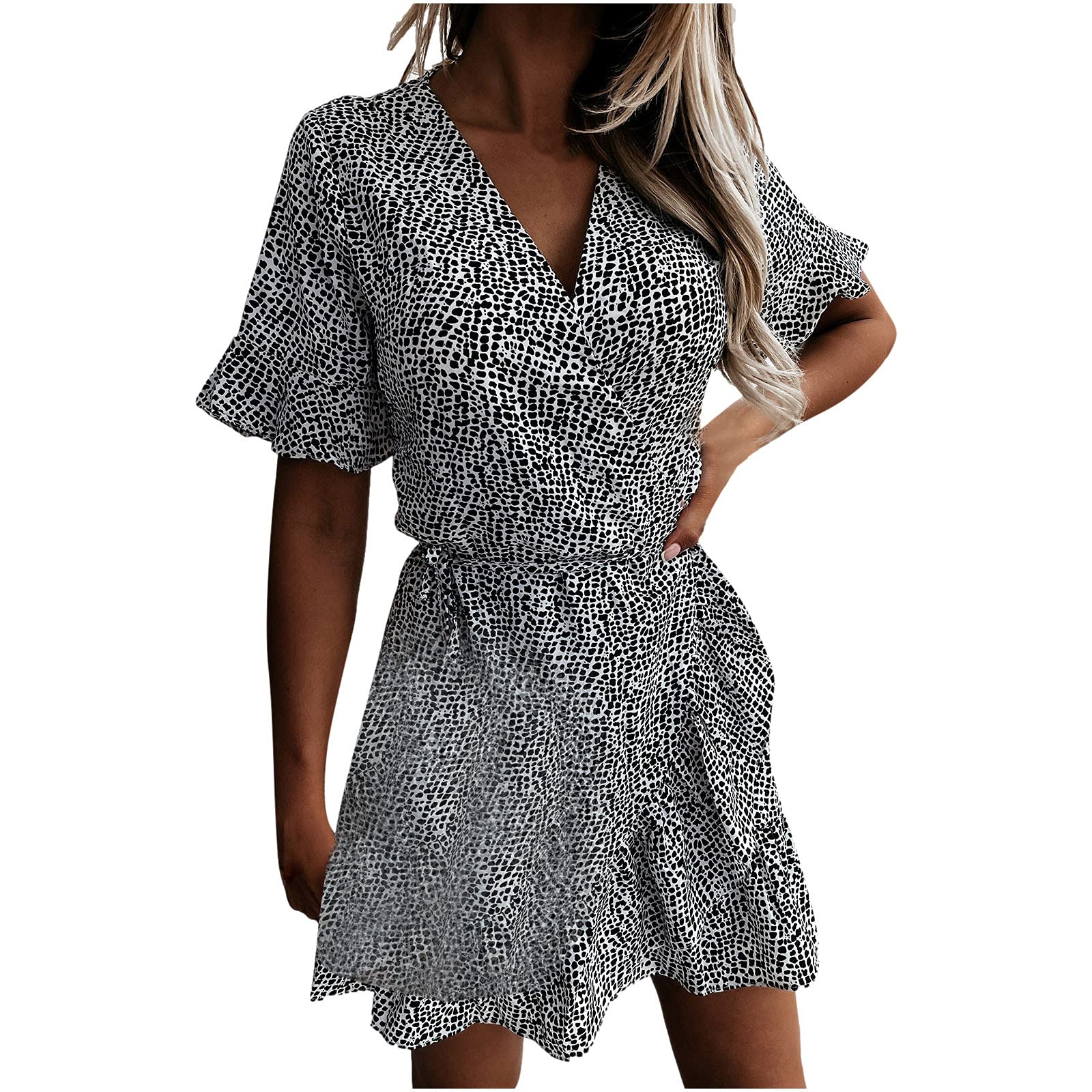 Women's Floral Print Ruffle Mini Dress - Short Sleeve V-Neck Summer Cocktail Dress for Evening Parties & Date Nights | Perfect for Beach Vacations, Brunch & Special Occasions