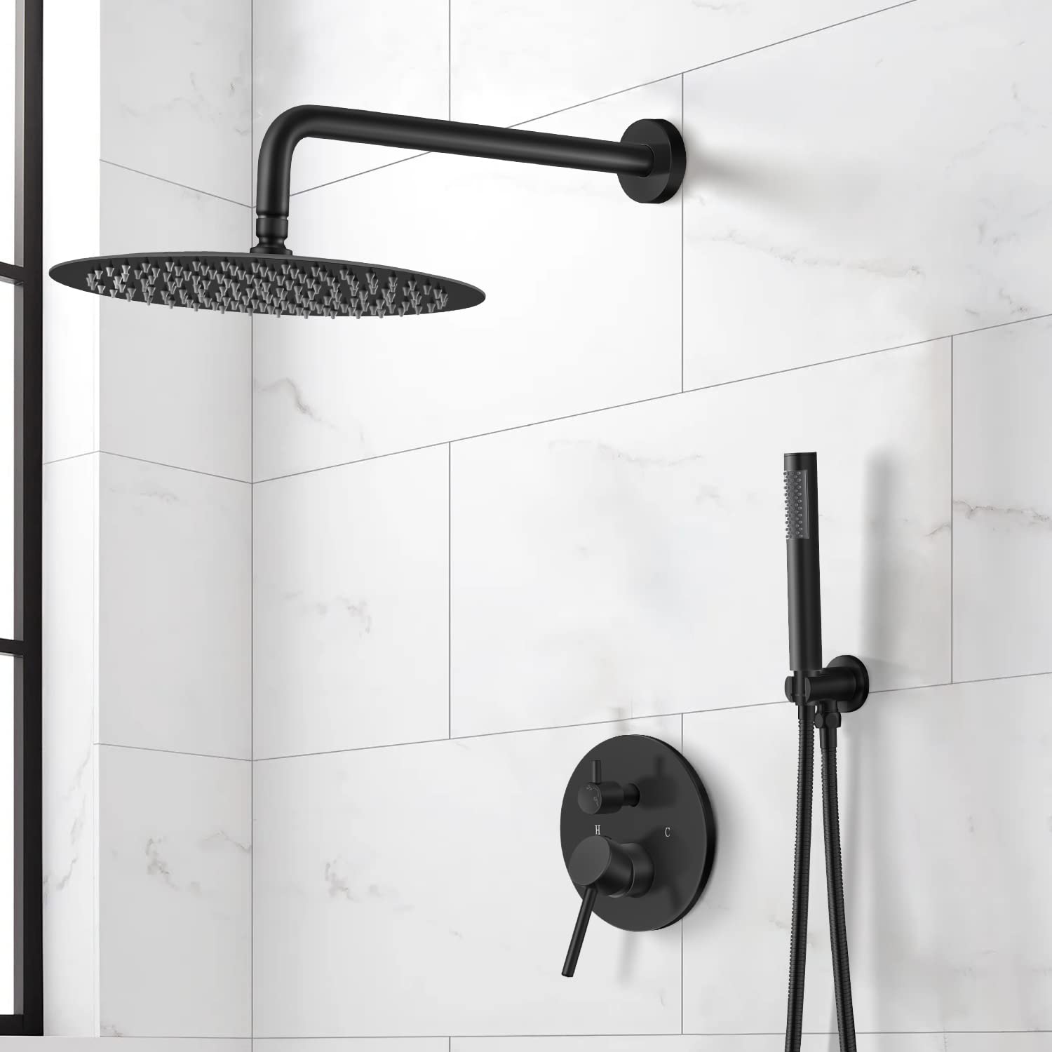 KPAIDA Black Shower Faucet Set - 12 Inch Rainfall Shower Head with Handheld Sprayer and Valve Mixer - Modern Bathroom Shower System for Spa-Like Experience - Perfect for Master Bath, Guest Bathroom and Luxury Hotel Renovations