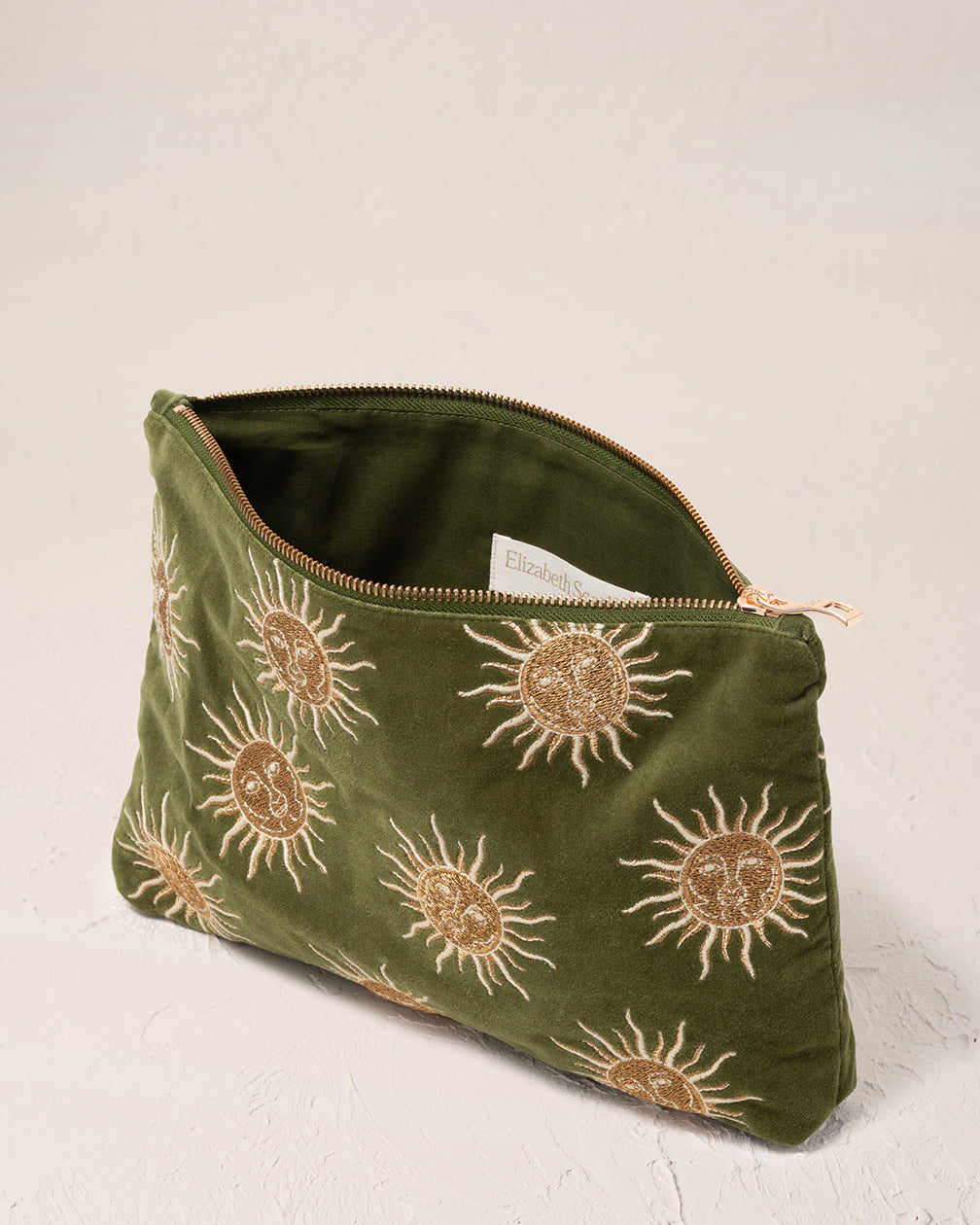 Elizabeth Scarlett Velvet Everyday Pouch - Fern Green Sun Goddess | Luxurious Makeup Bag & Travel Organizer | Perfect for Cosmetics, Jewelry & Essentials Storage