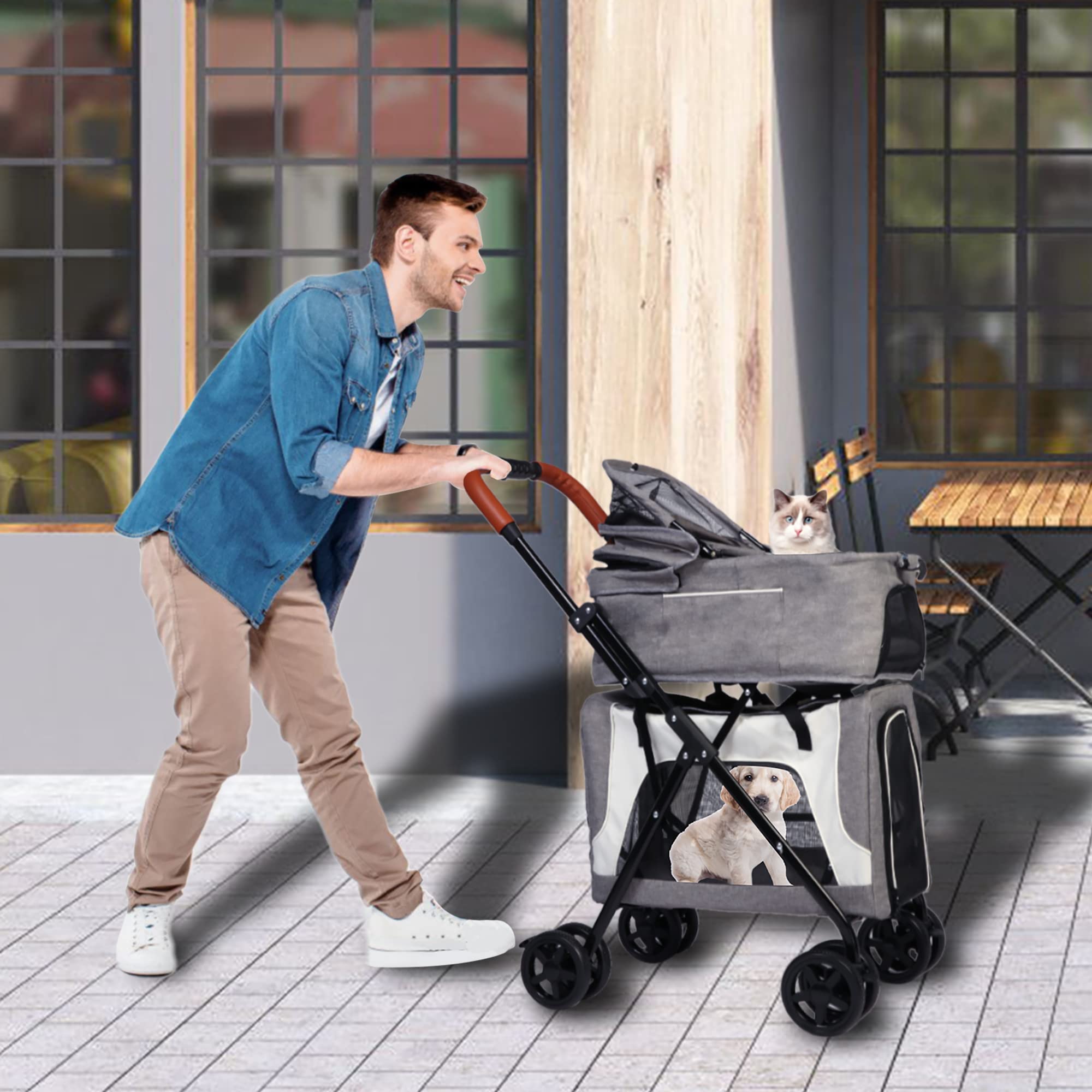 Detachable Double Dog & Cat Stroller - 3-in-1 Portable Pet Carrier with Waterproof Design, 4-Wheel Jogging Cart | Foldable for Travel, Walks & Outdoor Adventures