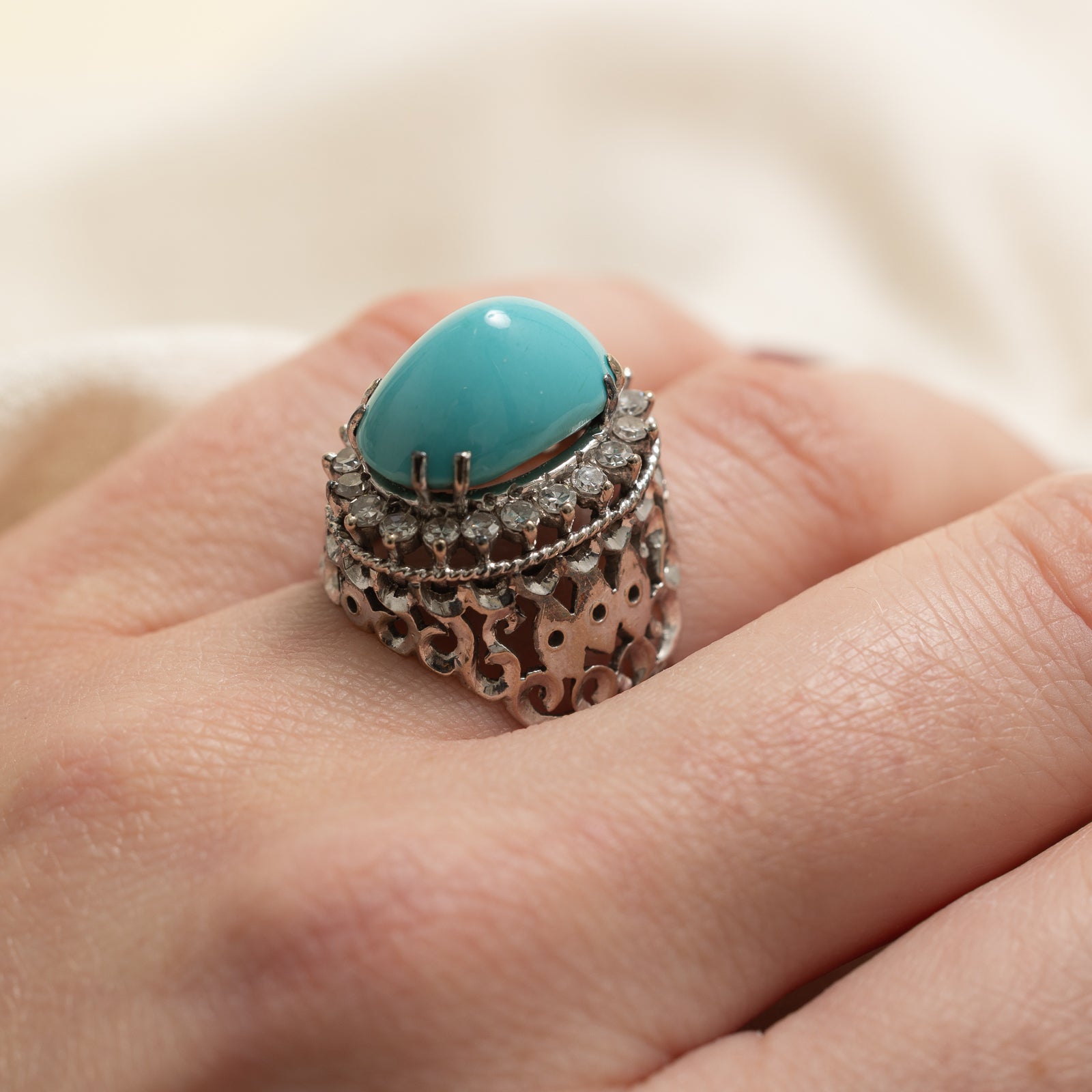 Exquisite 10.00ct Persian Turquoise & 0.70ct Diamond Halo Cocktail Ring - Size 6.25 | Elegant Statement Jewelry for Weddings, Parties & Special Occasions