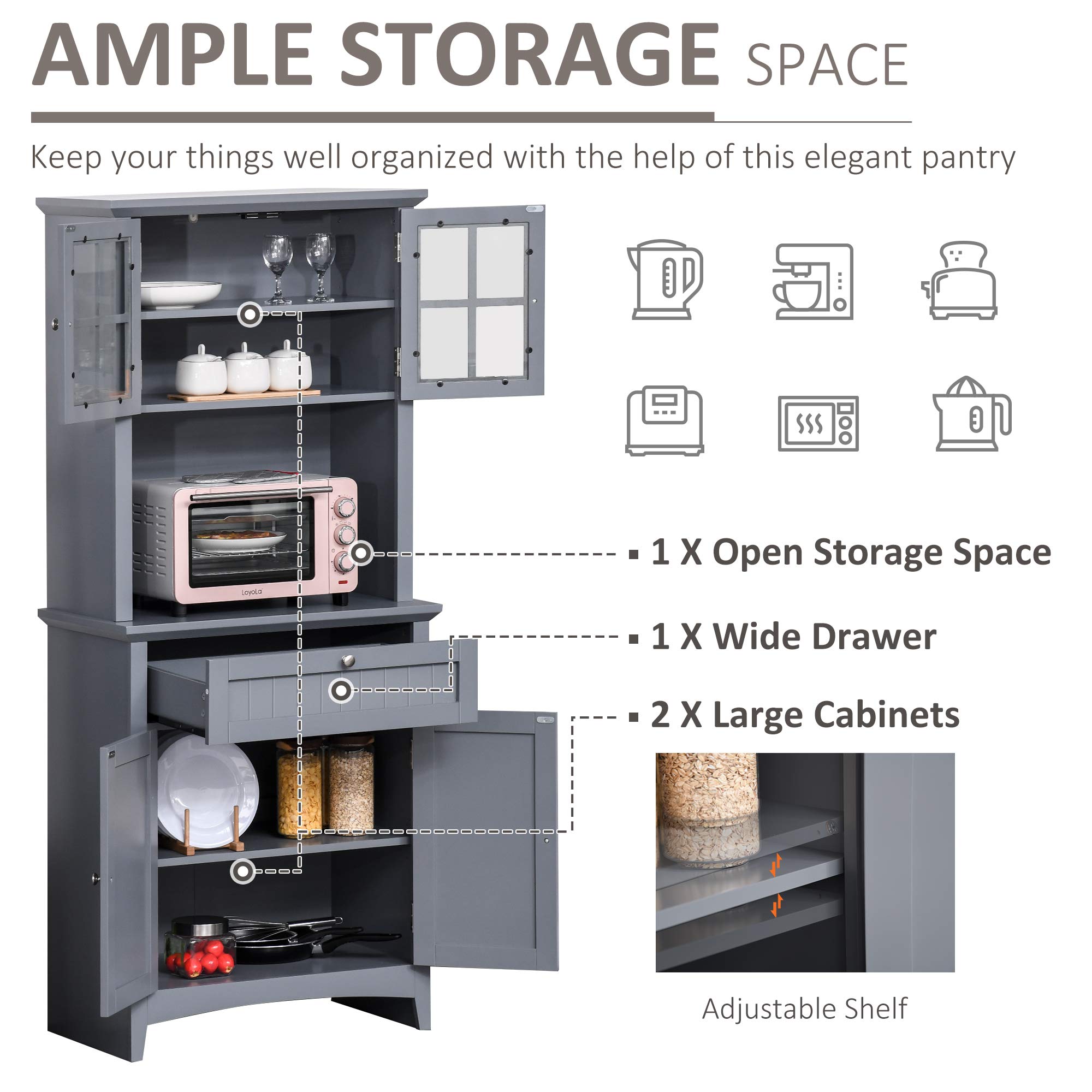 HOMCOM Elegant Buffet Hutch with Glass Doors - Kitchen Pantry Storage Cabinet with Drawers & Microwave Space, Grey - Perfect for Dining Room Storage & Small Kitchen Organization