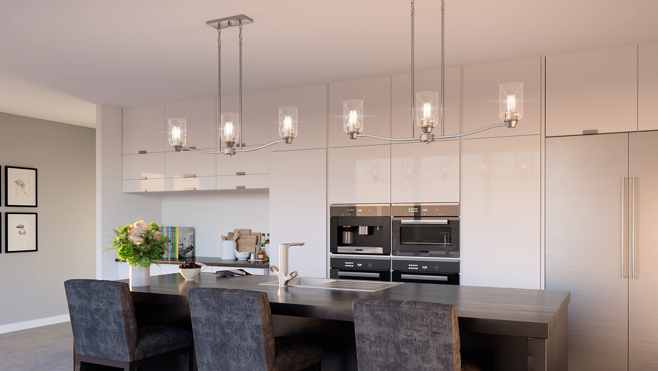 Quoizel Acacia 3-Light Brushed Nickel Linear Chandelier - Modern Dining Room Lighting Fixture for Kitchen Island, Bedroom or Entryway