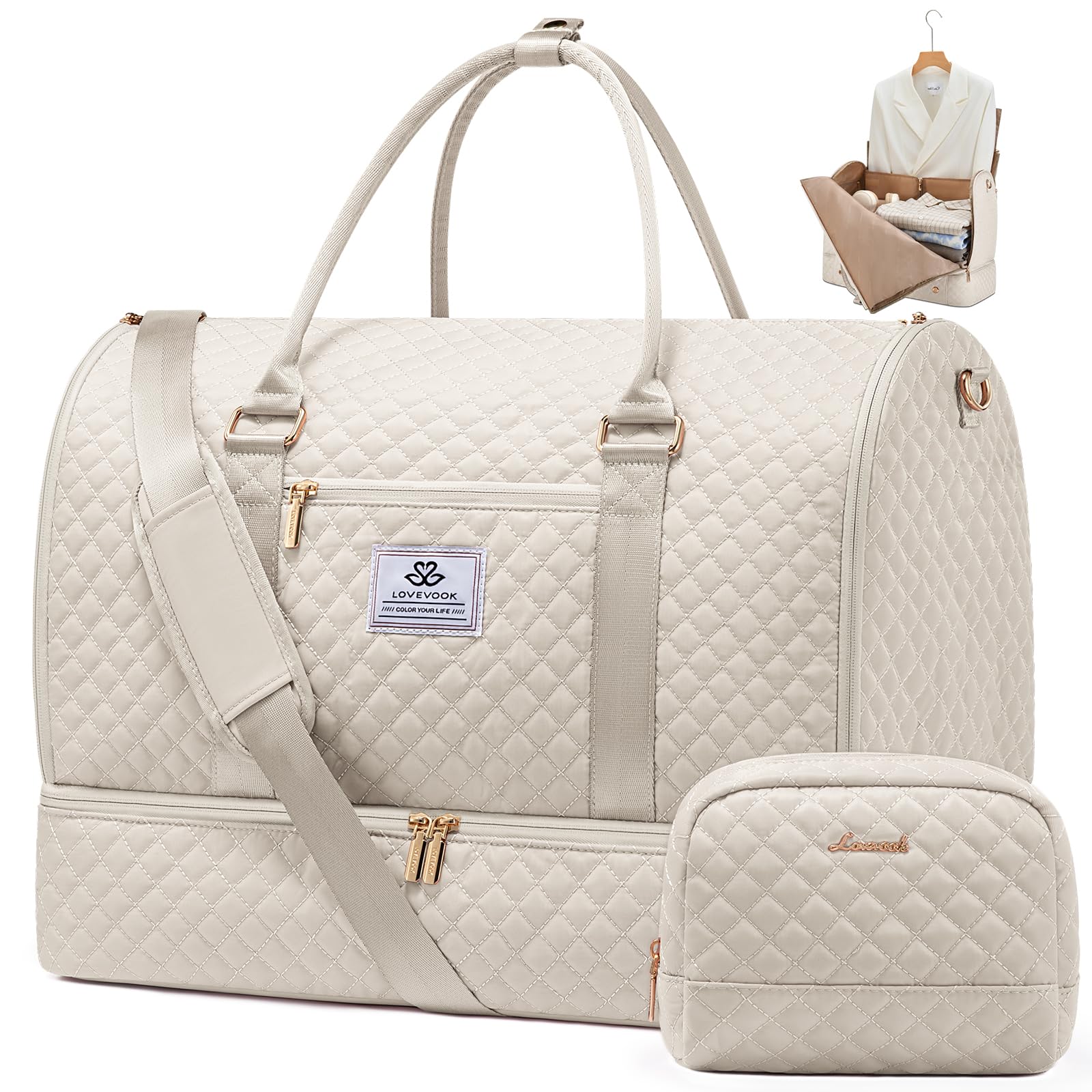 LOVEVOOK Convertible Garment Bag for Women with Shoe Compartment & Toiletry Pouch | 2-in-1 Hanging Suitcase & Travel Duffel Bag | Waterproof Carry-On Weekender Bag for Business Trips, Weddings, Vacations | Perfect for Business Travel, Formal Events & Weekend Getaways (Beige)