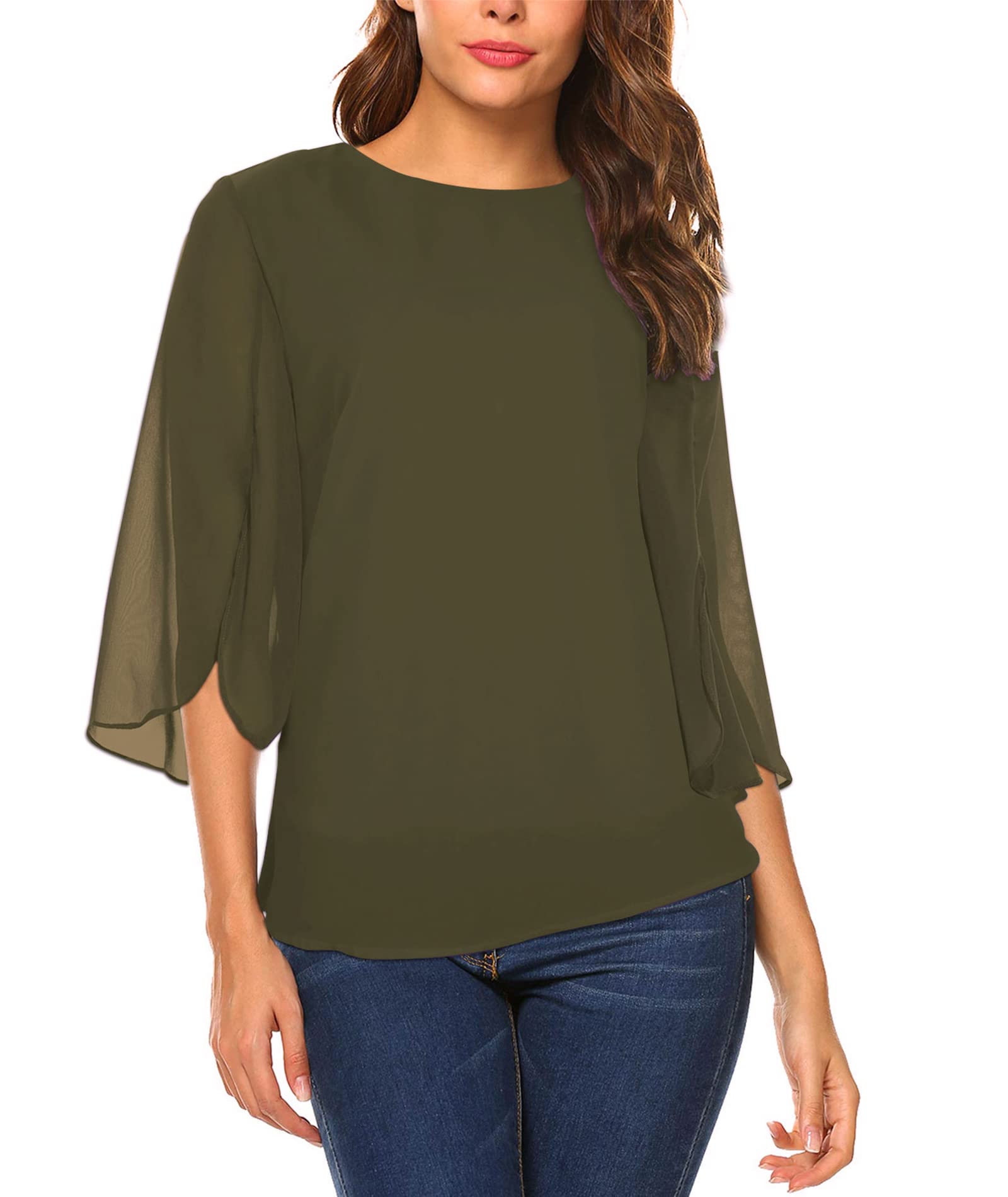 Oyamiki Women's Half Sleeve Layered Flowy Chiffon Blouse Round Neck Shirt Top - Elegant Casual Wear for Office, Date Night & Summer Outfits