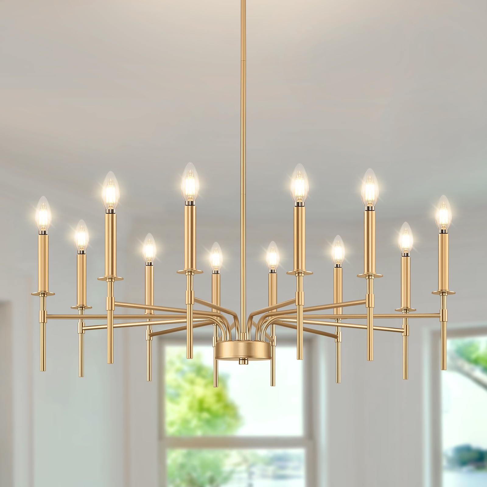12-Light Gold Chandelier - Modern Farmhouse Dining Room Lighting Fixture with Metal Candle Pendant - Perfect for Foyer, Entryway, Stairs, Living Room, Bedroom & Kitchen Decor | Elegant Ceiling Light for Home & Wedding Venue Decoration