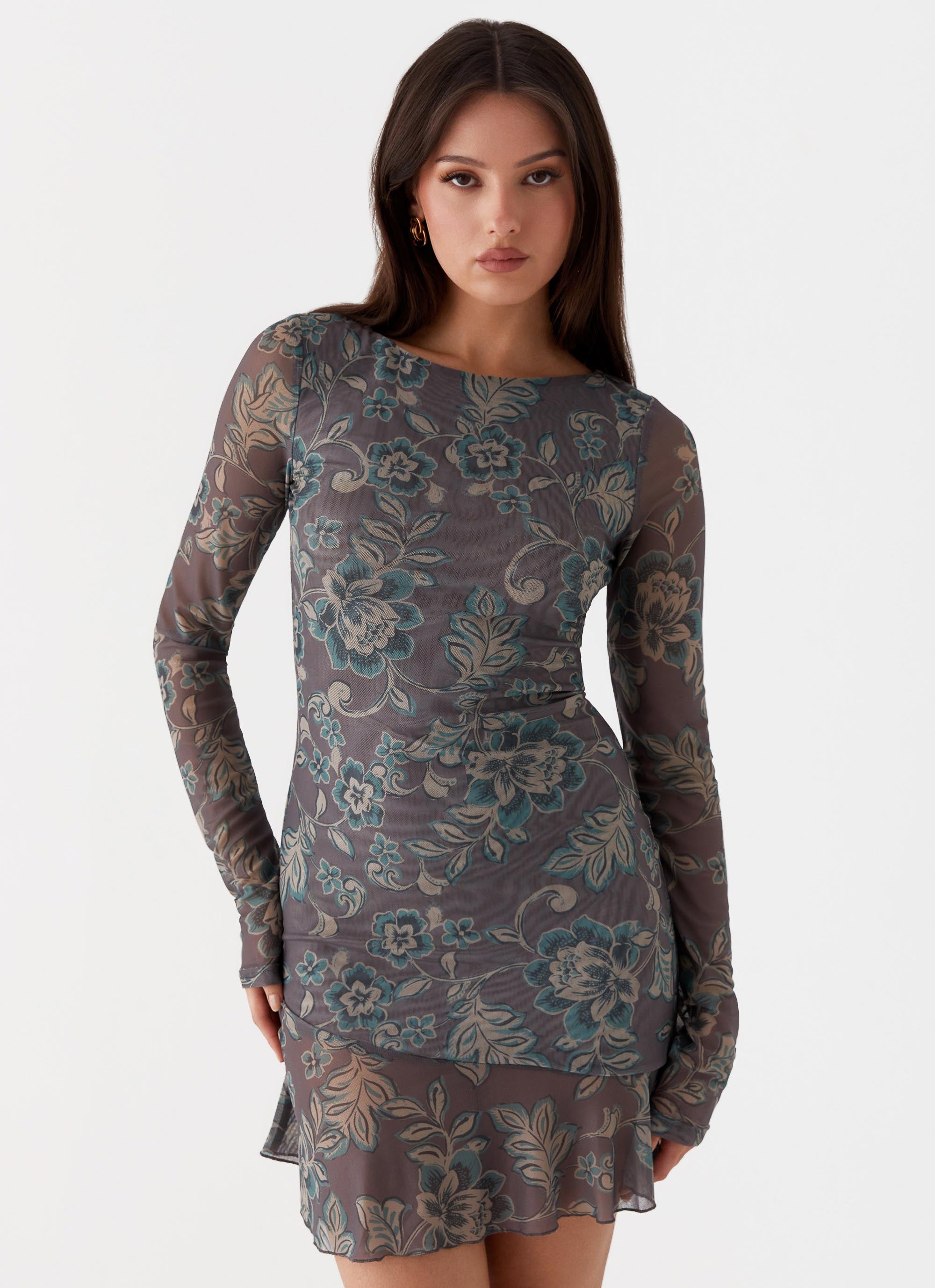 Elegant Ines Long Sleeve Mini Dress - Brown Floral Print Women's Party Dress for Cocktail, Wedding & Date Night