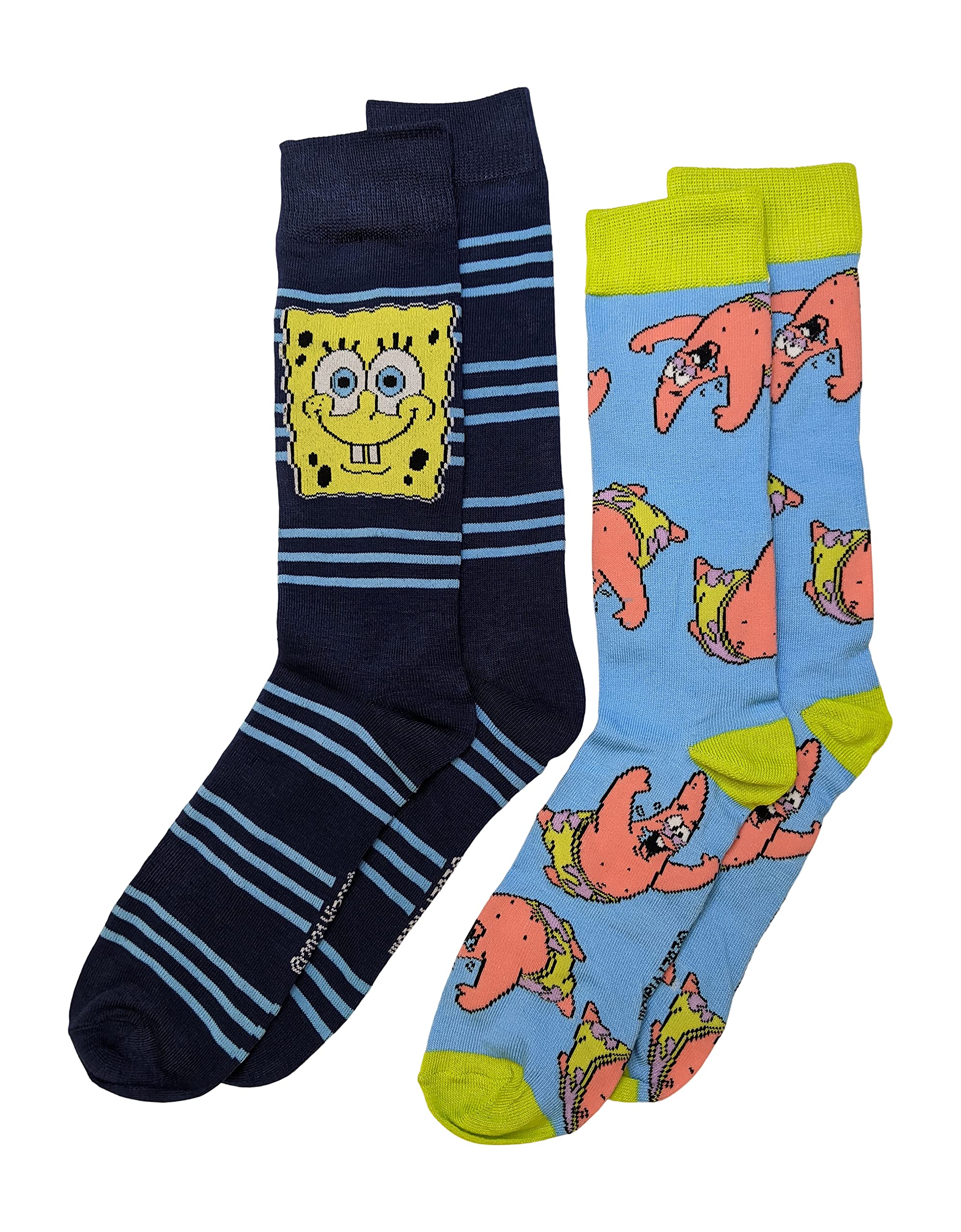 SpongeBob & Patrick Star Striped Men's Crew Socks - 2 Pairs Pack | Nickelodeon Cartoon Character Socks for Fans, Gift, Cosplay & Casual Wear