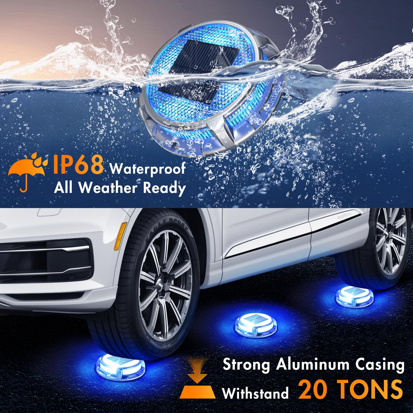 Quntis 4 Pack Solar Deck Lights for Outdoor - IP68 Waterproof, 3 Color Modes (Blue/Cool White/Warm White) - Solar Powered Pathway Lights for Driveway, Stairs, Walkway, Garden & Landscape Lighting