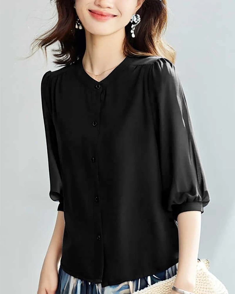 Elegant Round Neck 3/4 Sleeve Silk Blouse for Women - Soft & Breathable Luxury Shirt - Perfect for Office Wear, Date Night & Special Occasions