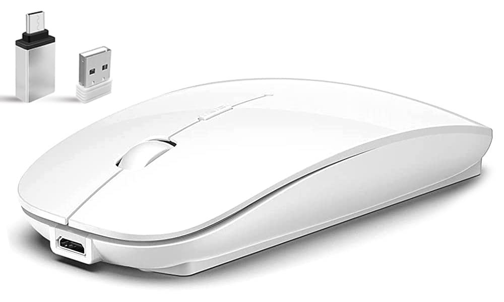 Vxeei Wireless Bluetooth Mouse for MacBook Pro/Air, iPad, Chromebook & PC - Rechargeable Dual Mode (2.4G USB + Bluetooth 5.2) Silent Cordless Mouse with USB-C Adapter - White | Perfect for Office, Travel & Home Use